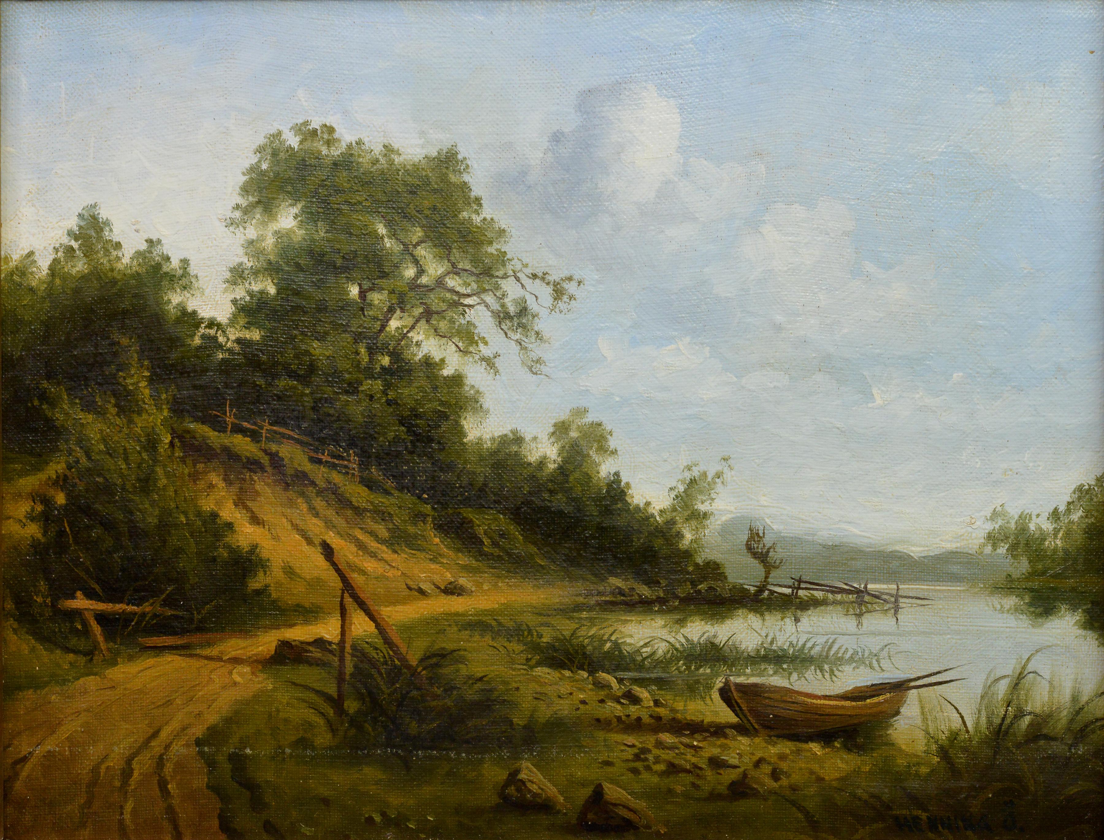Calm Summer Lakeland Landscape w Green n Lonely Boat Oil Painting 19th century - Brown Landscape Painting by Unknown