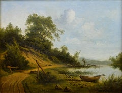 Calm Summer Lakeland Landscape w Green n Lonely Boat Oil Painting 19th century