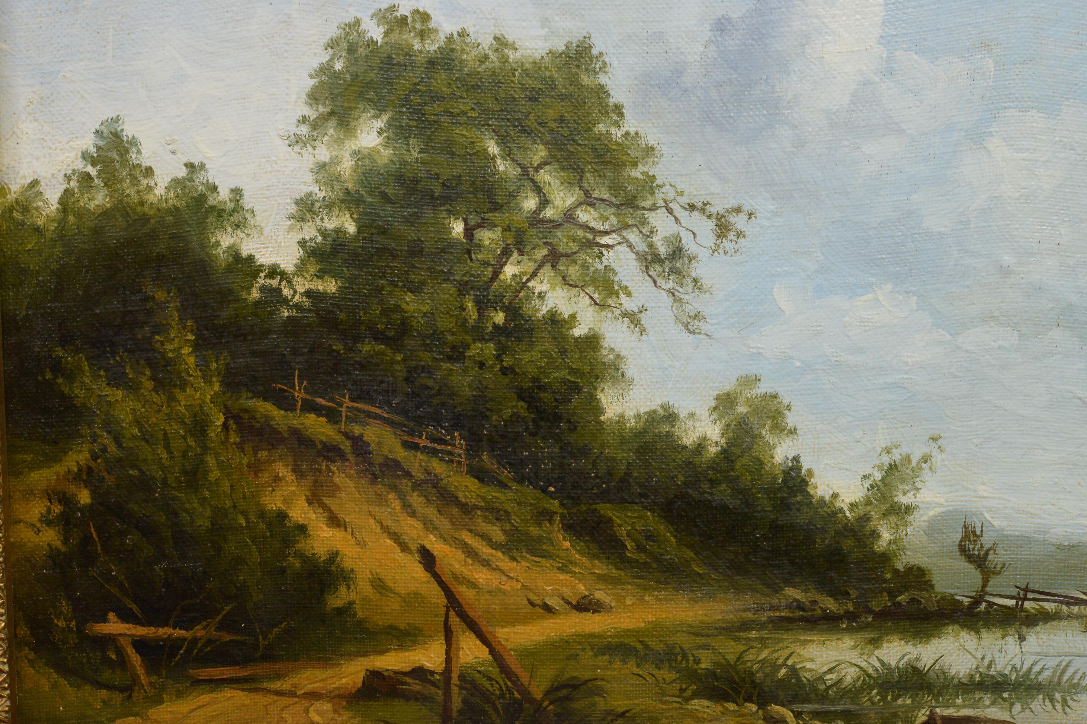 Calm Summer Lakeland Landscape w Green n Lonely Boat Oil Painting 19th century For Sale 1