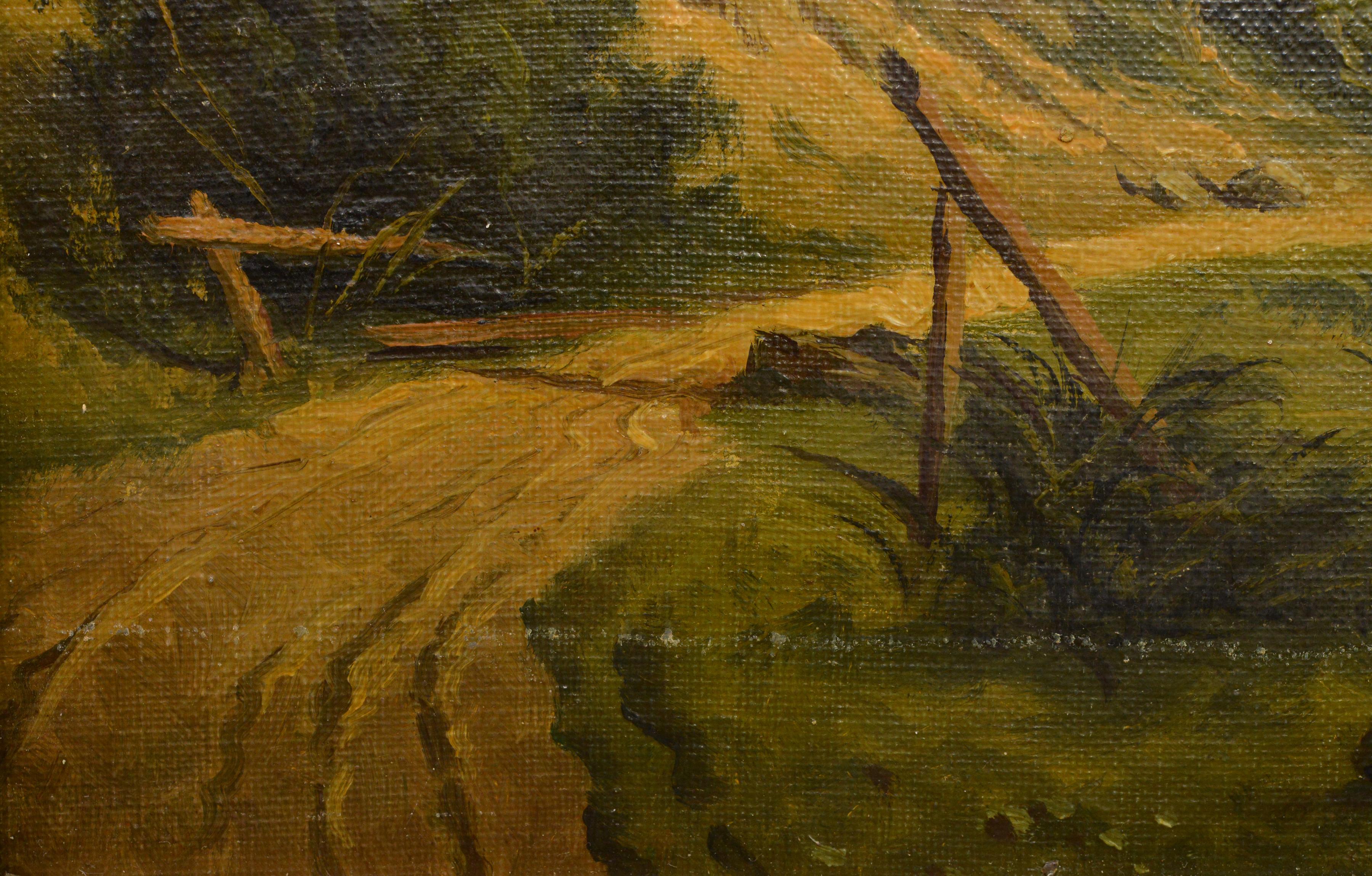Calm Summer Lakeland Landscape w Green n Lonely Boat Oil Painting 19th century For Sale 2