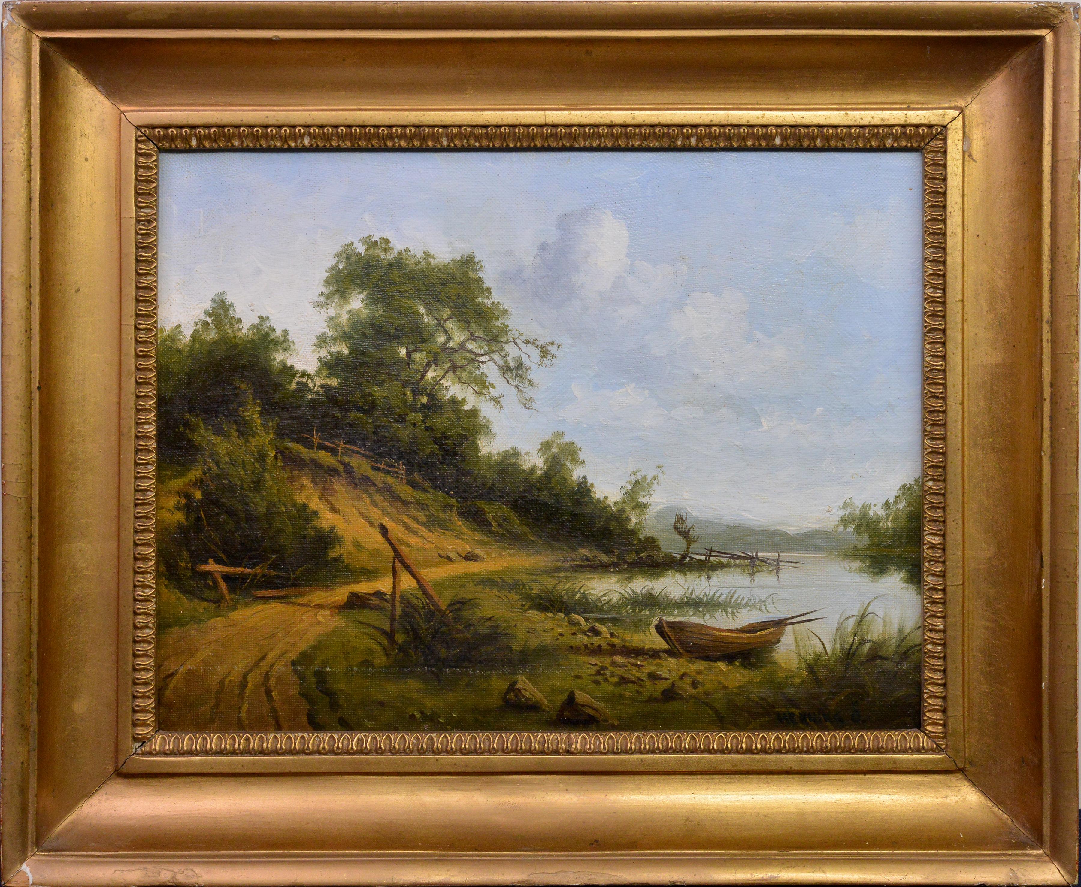 Unknown Landscape Painting - Calm Summer Lakeland Landscape w Green n Lonely Boat Oil Painting 19th century