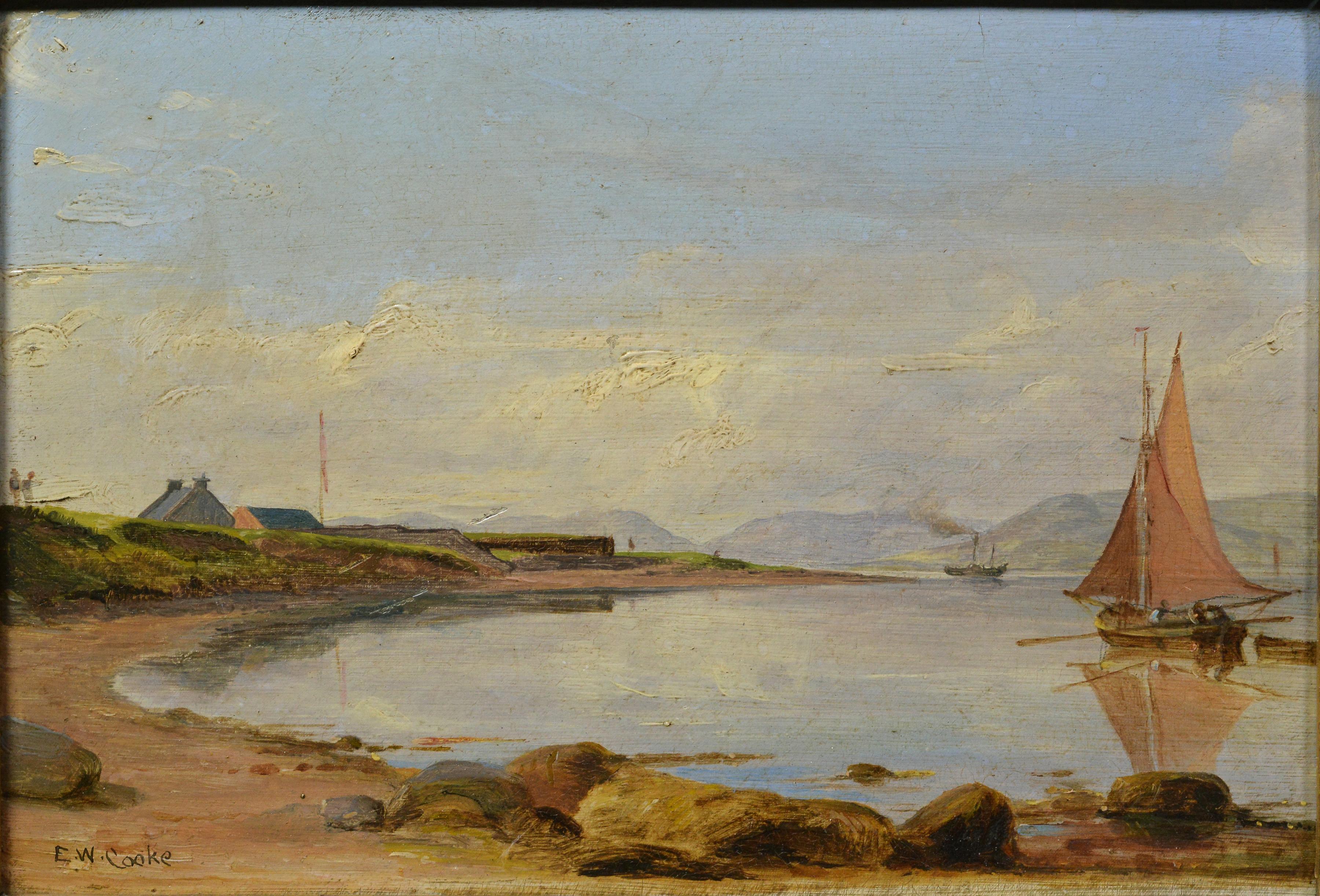 Paysage côtier des eaux calmes par Cooke well Peinture à l'huile ancienne encadrée - Painting de Unknown