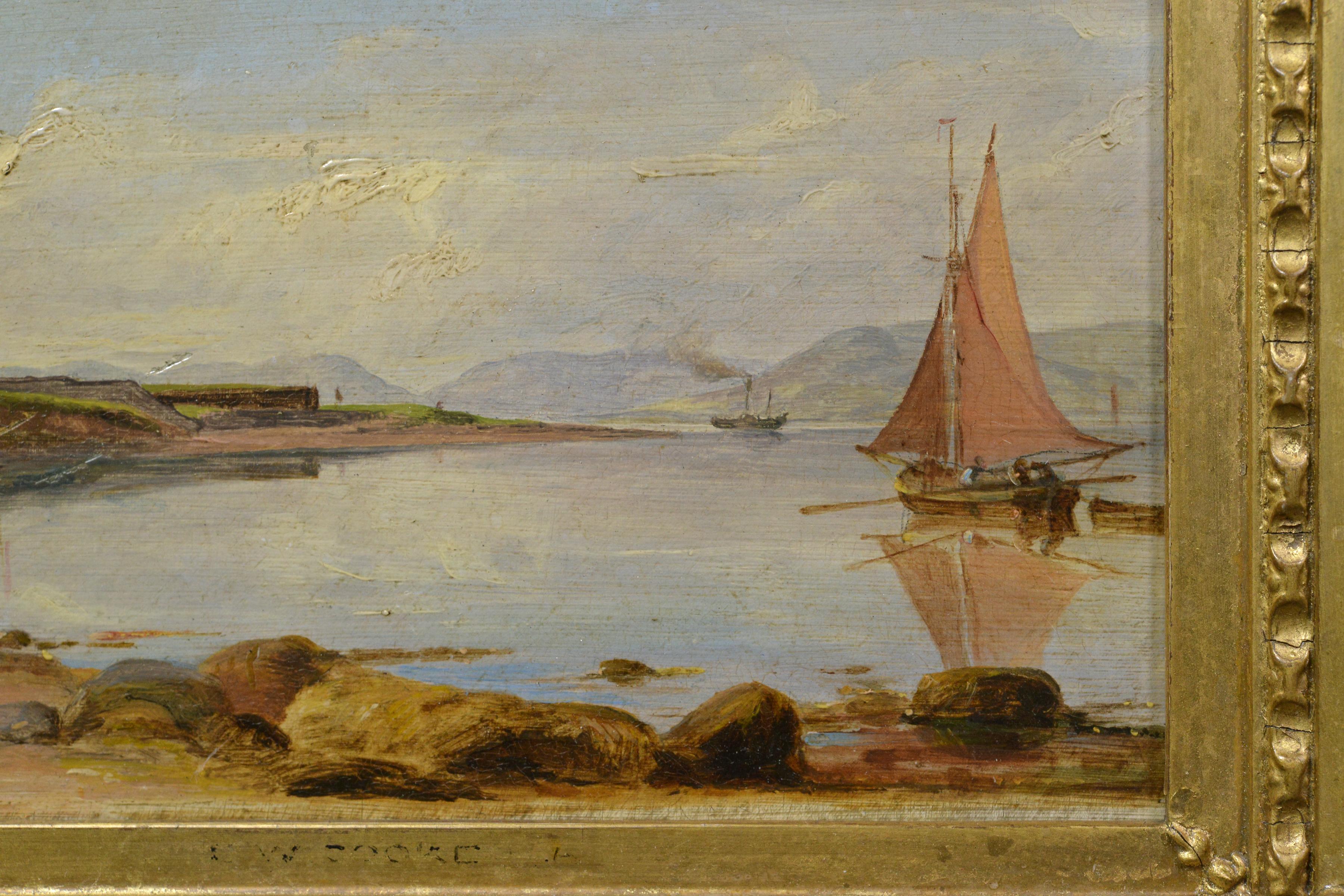 Paysage côtier des eaux calmes par Cooke well Peinture à l'huile ancienne encadrée - Réalisme Painting par Unknown