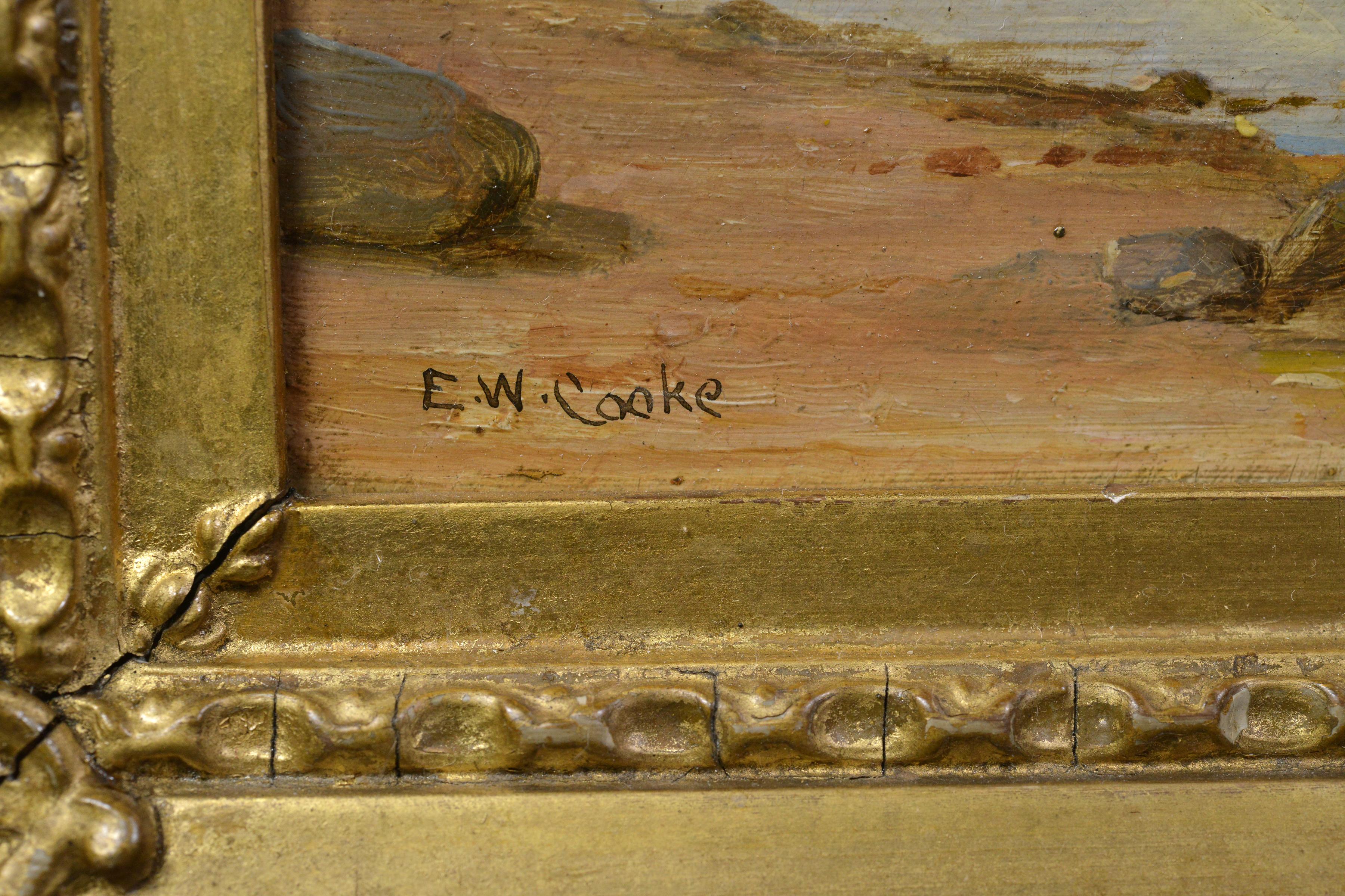 Peinture à l'huile sur carton dur datant du milieu ou de la fin du 19e siècle, signée en bas à gauche E. W. Cooke, qui pourrait faire référence à quelques peintres britanniques. Sans connaître l'artiste ou la période spécifique avec une certitude