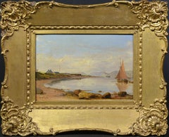 Paysage côtier des eaux calmes par Cooke well Peinture à l'huile ancienne encadrée