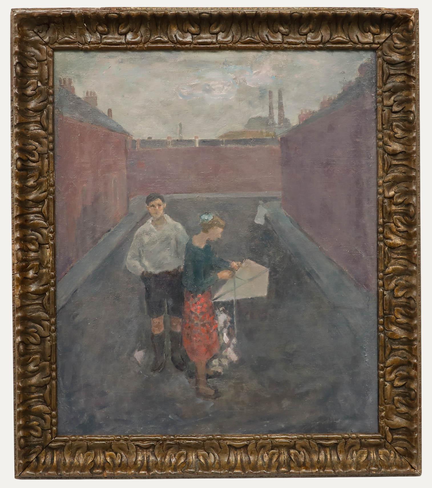 Unknown Figurative Painting – Camberwell School, Mitte des 20. Jahrhunderts, Öl – The Kite