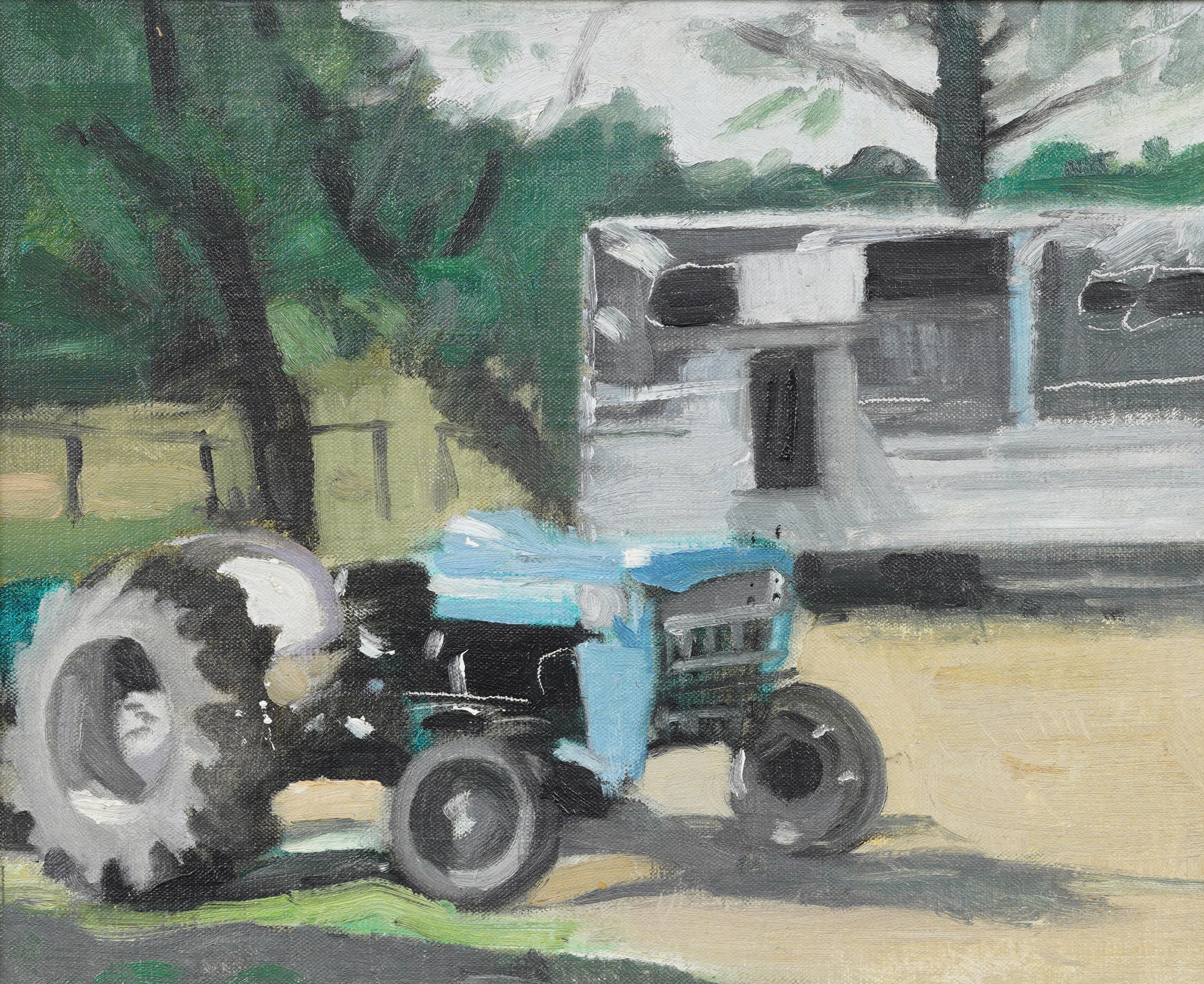 Vintage American modernist farm landscape oil painting. Oil on board.   Framed. Signed verso.  In excellent original condition. Handsomely framed in a  wood molding.  Excellent condition, ready to hang and enjoy. 