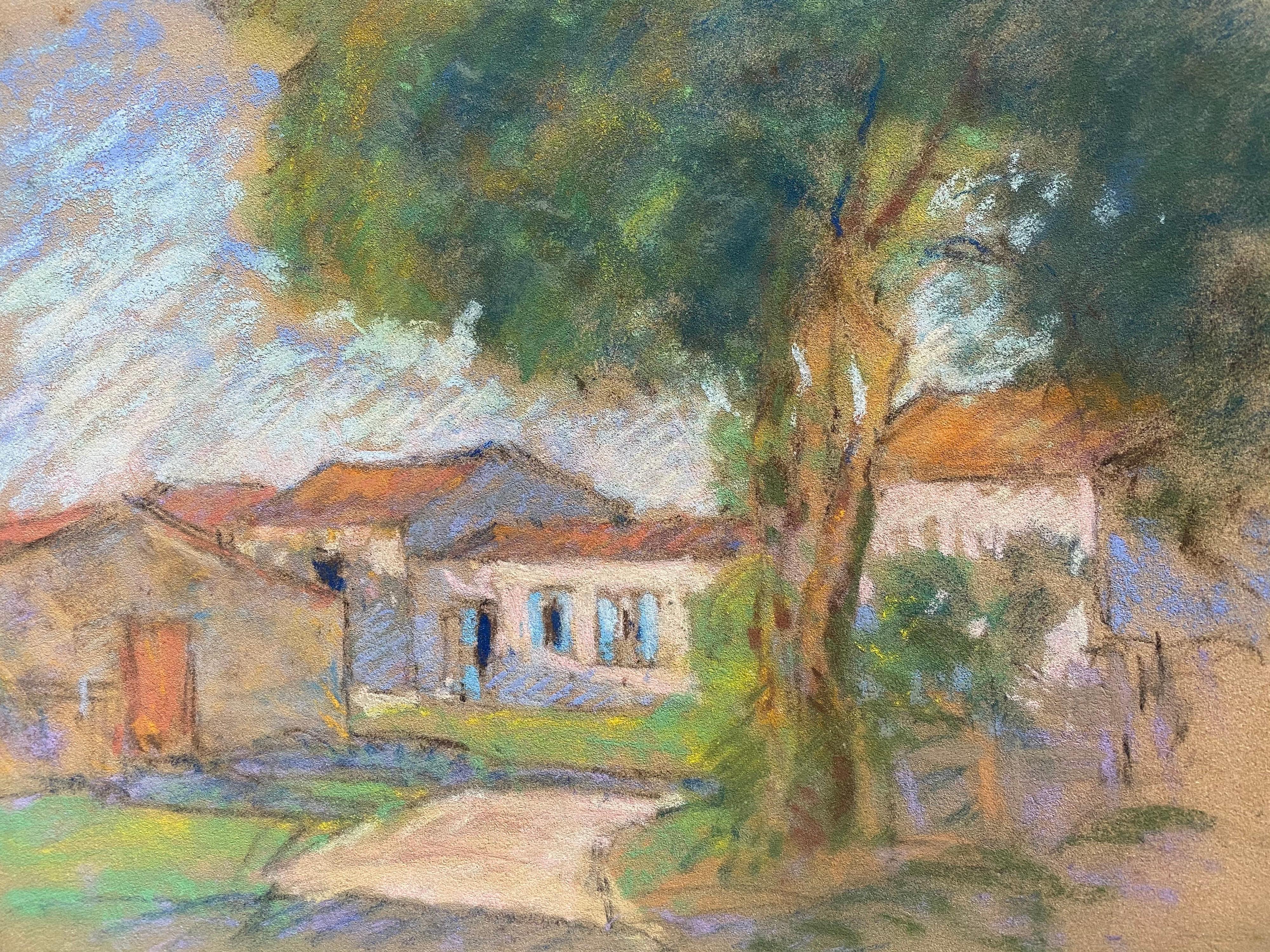 Camille Meriot, 1940's French Impressionist Pastel Country House & Buildings - Painting by Unknown