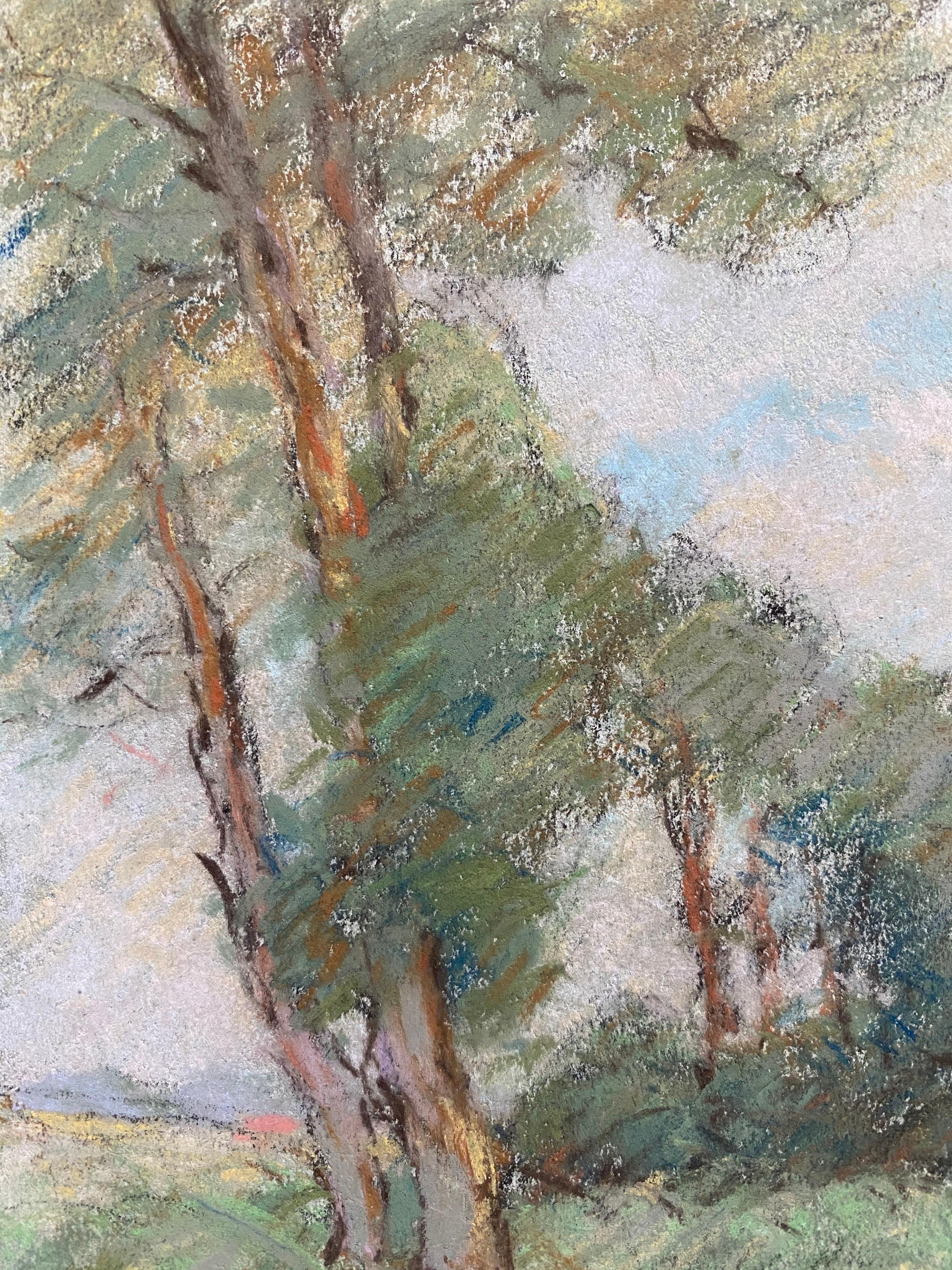 Camille Meriot Französischer Impressionist Pastell-Landschaft Wispy Bäume in Lane's (Beige), Landscape Painting, von Unknown