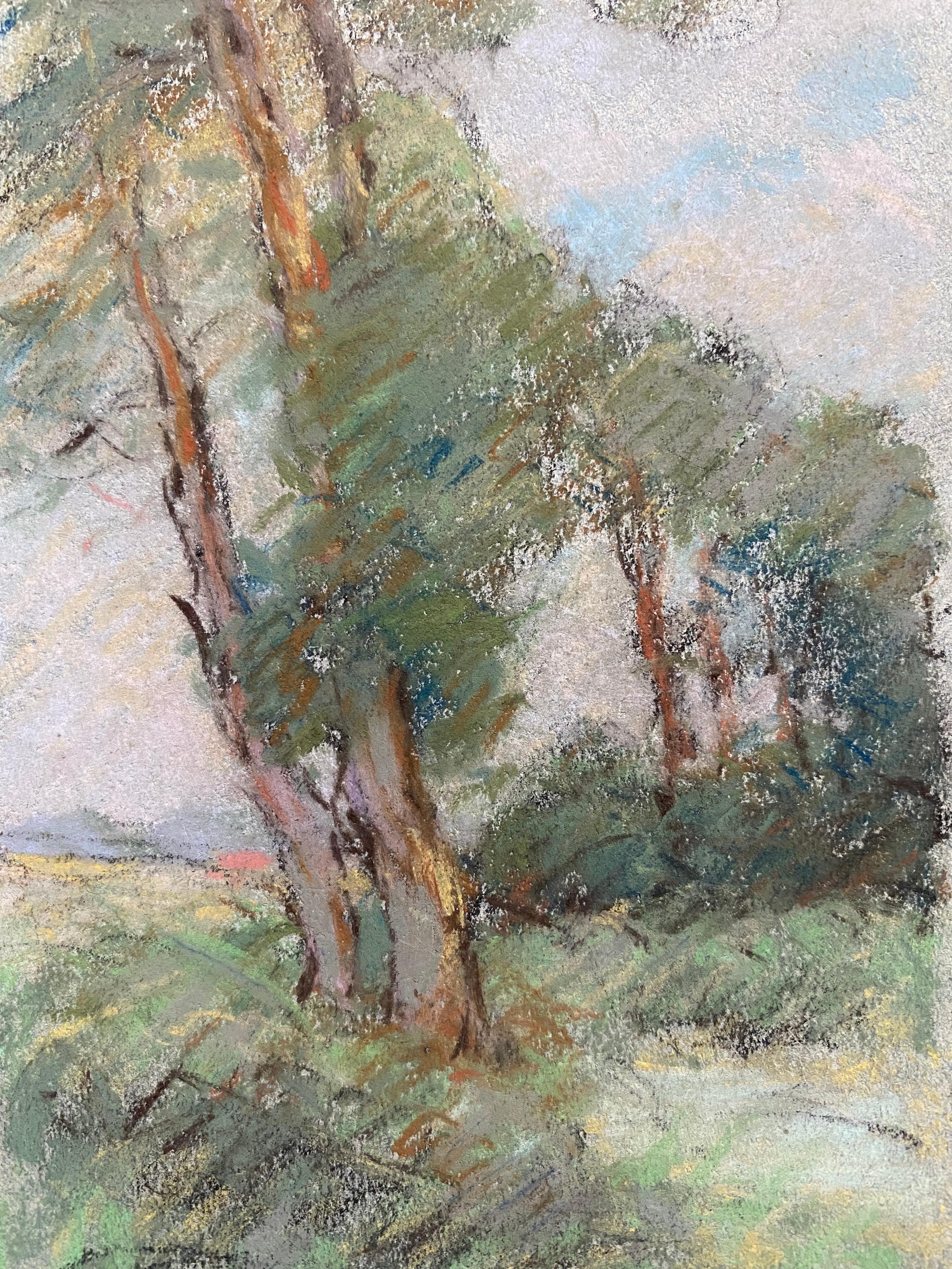Camille Meriot Französischer Impressionist Pastell-Landschaft Wispy Bäume in Lane's im Angebot 1