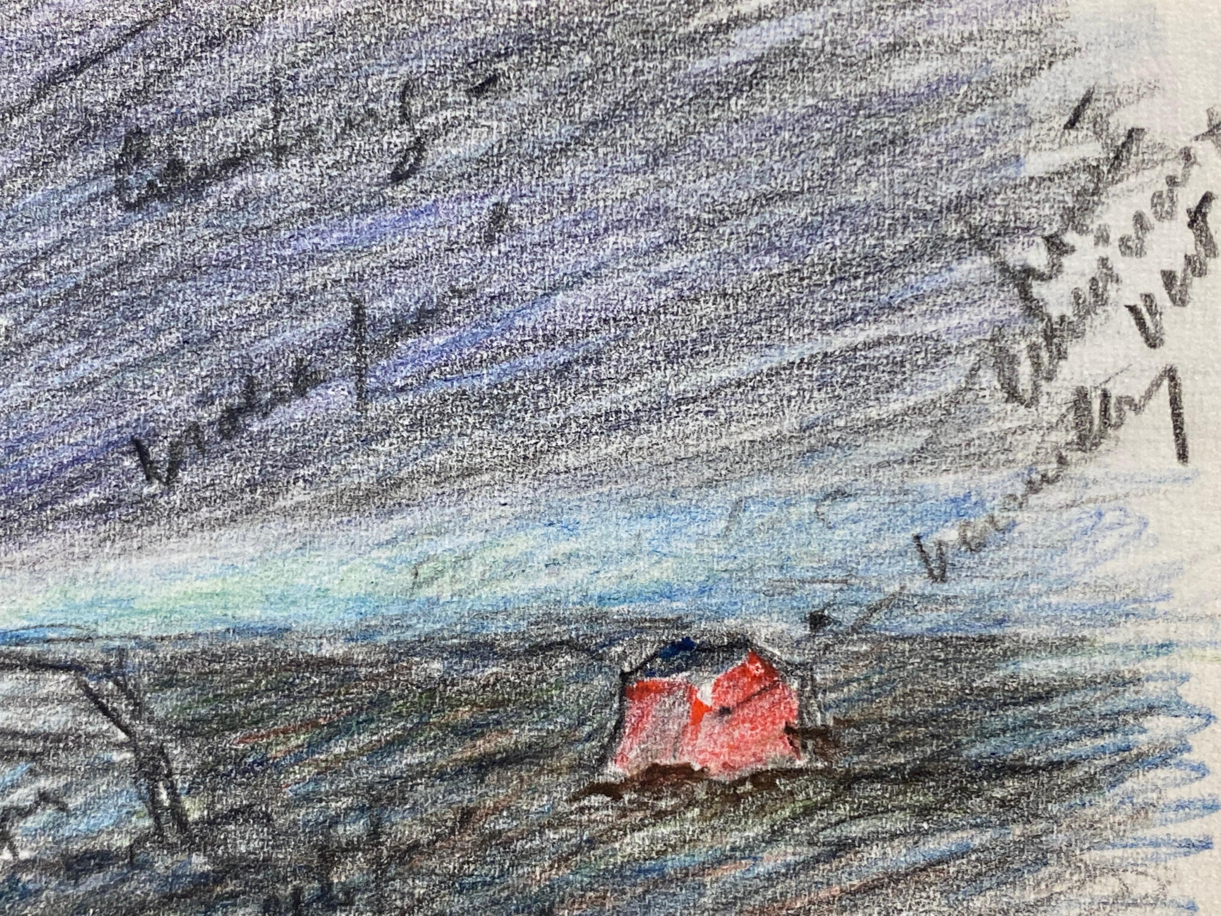 Camille Meriot French Signed Impressionist Crayon Drawing 'Honfleur' - Gray Abstract Painting by Unknown
