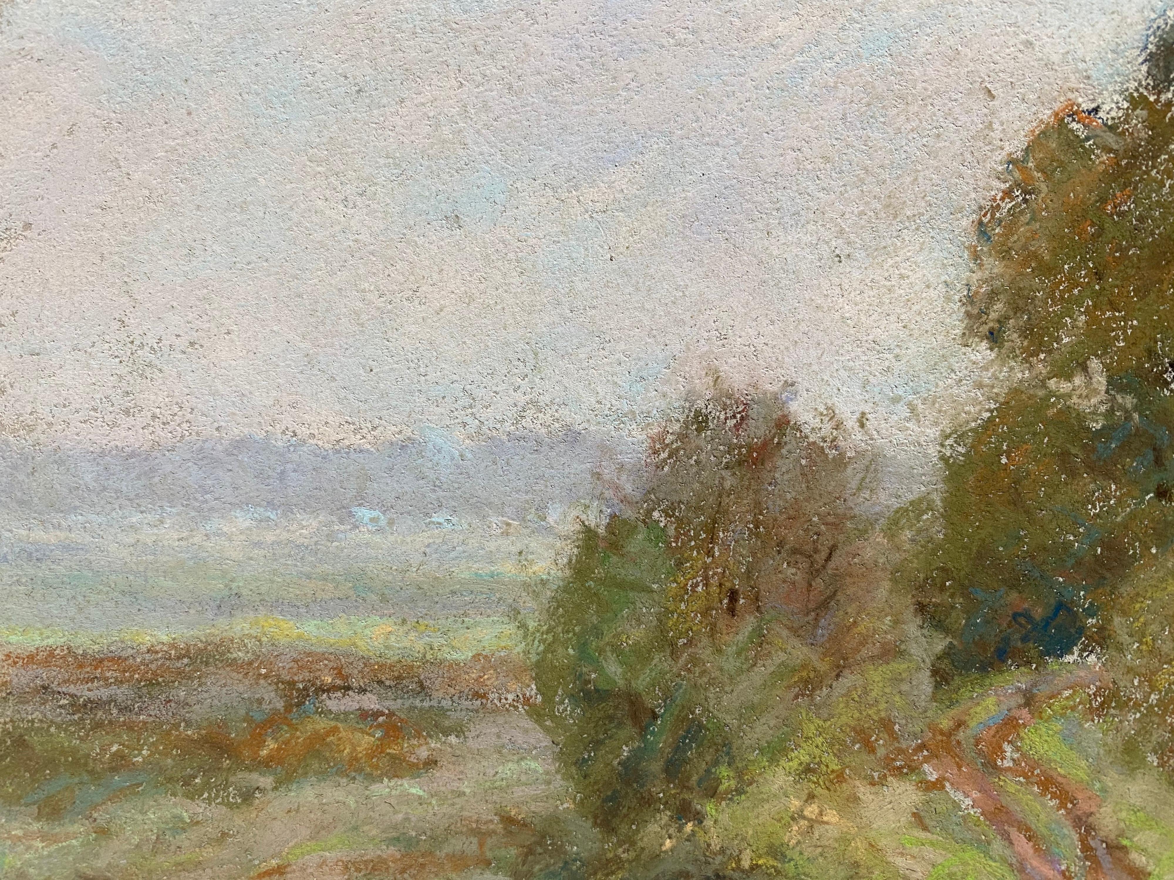 Camille Meriot, Vue d'un paysage impressionniste français au pastel - Painting de Unknown