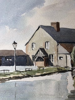 Kanalszene mit Häusern, Original britisches Aquarellgemälde