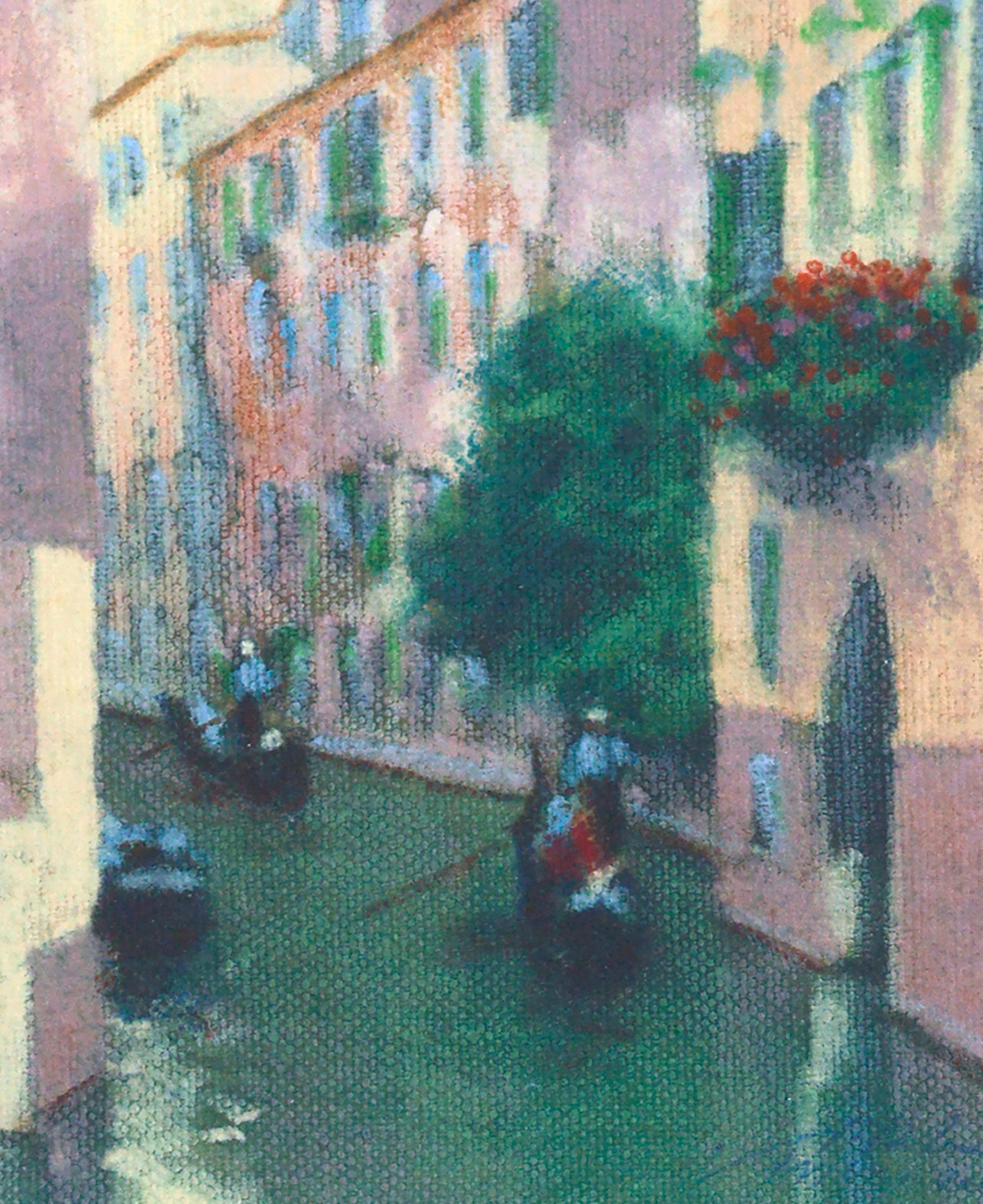 Canal avec gondoles - Venise, Italie Paysage figuratif  - Pointillisme Painting par Unknown