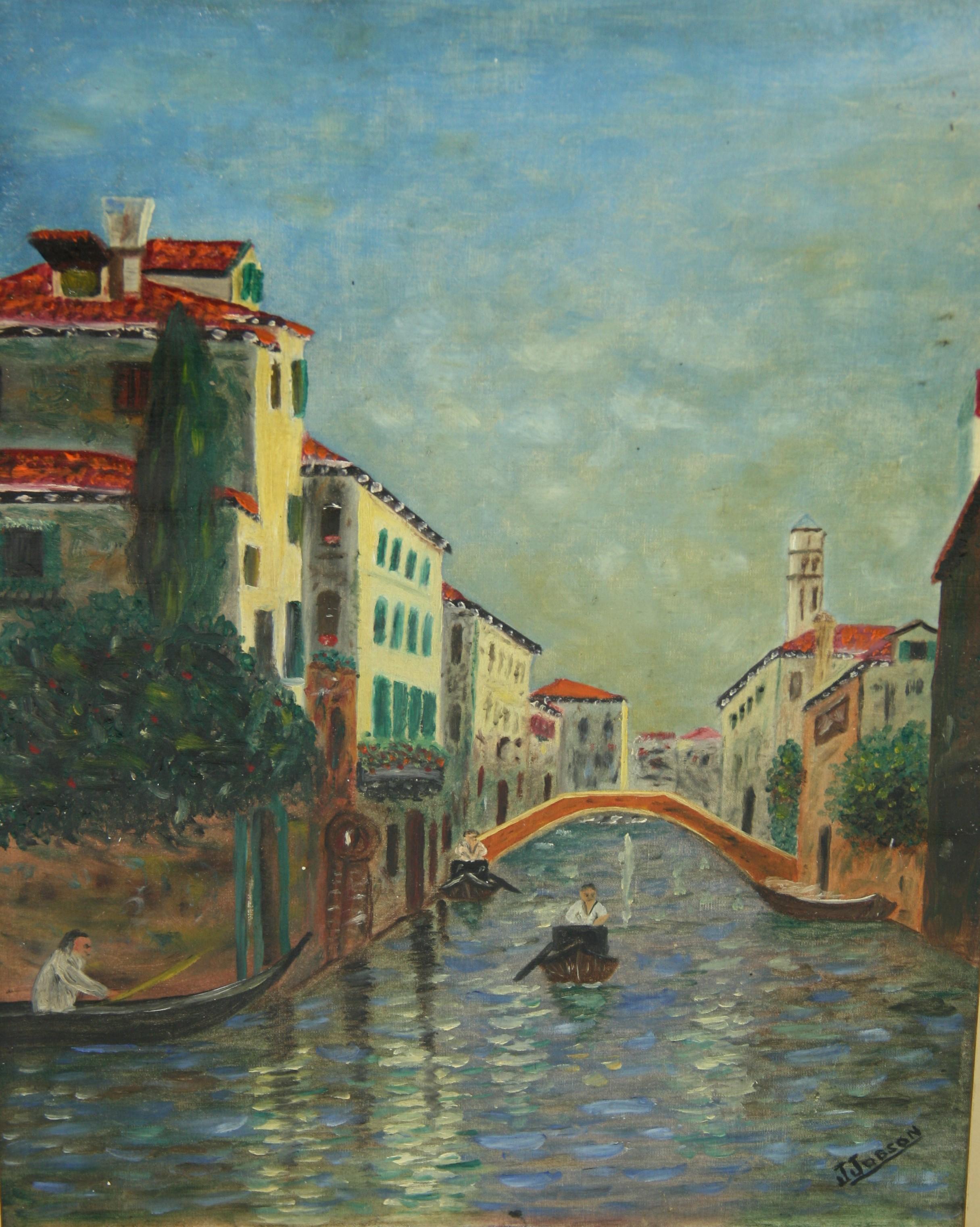 Canaux de Venise - Gris Landscape Painting par Unknown