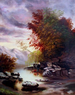 Canoeing on the River, Early 20th Century Autumn Landscape in Oil on Canvas