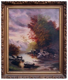 Canoeing on the River, Early 20th Century Autumn Landscape in Oil on Canvas