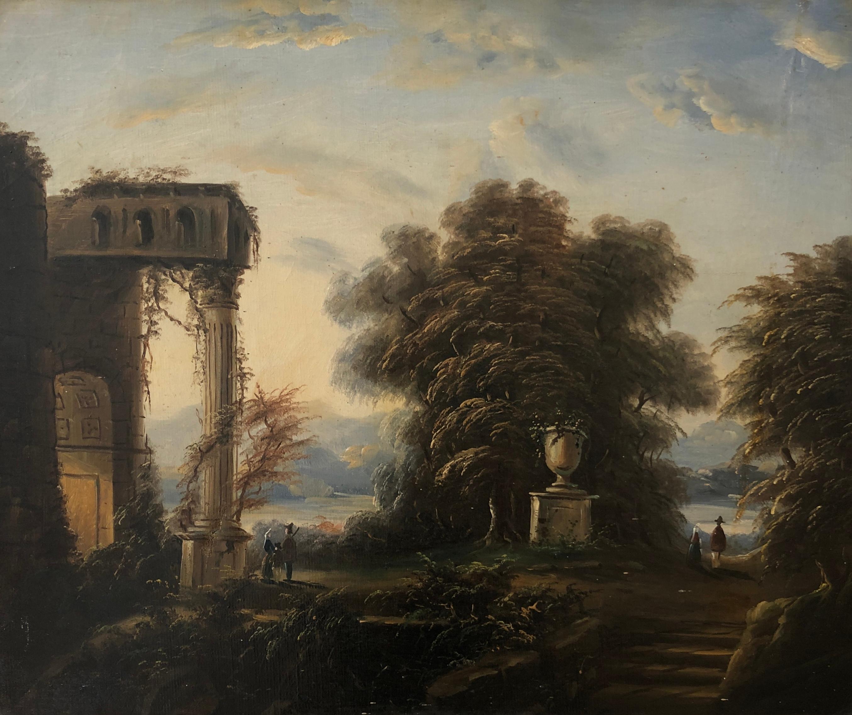 Unknown Landscape Painting - Capriccio and characters at the water's edge