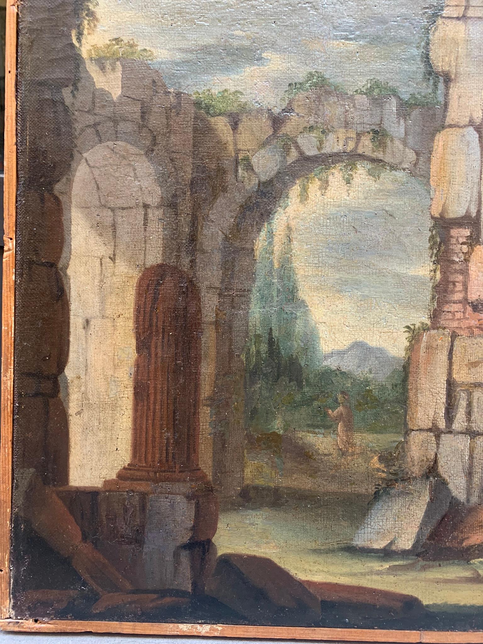 Architectural whimsy with Roman ruins, column and ancient arches.  - Painting by Unknown