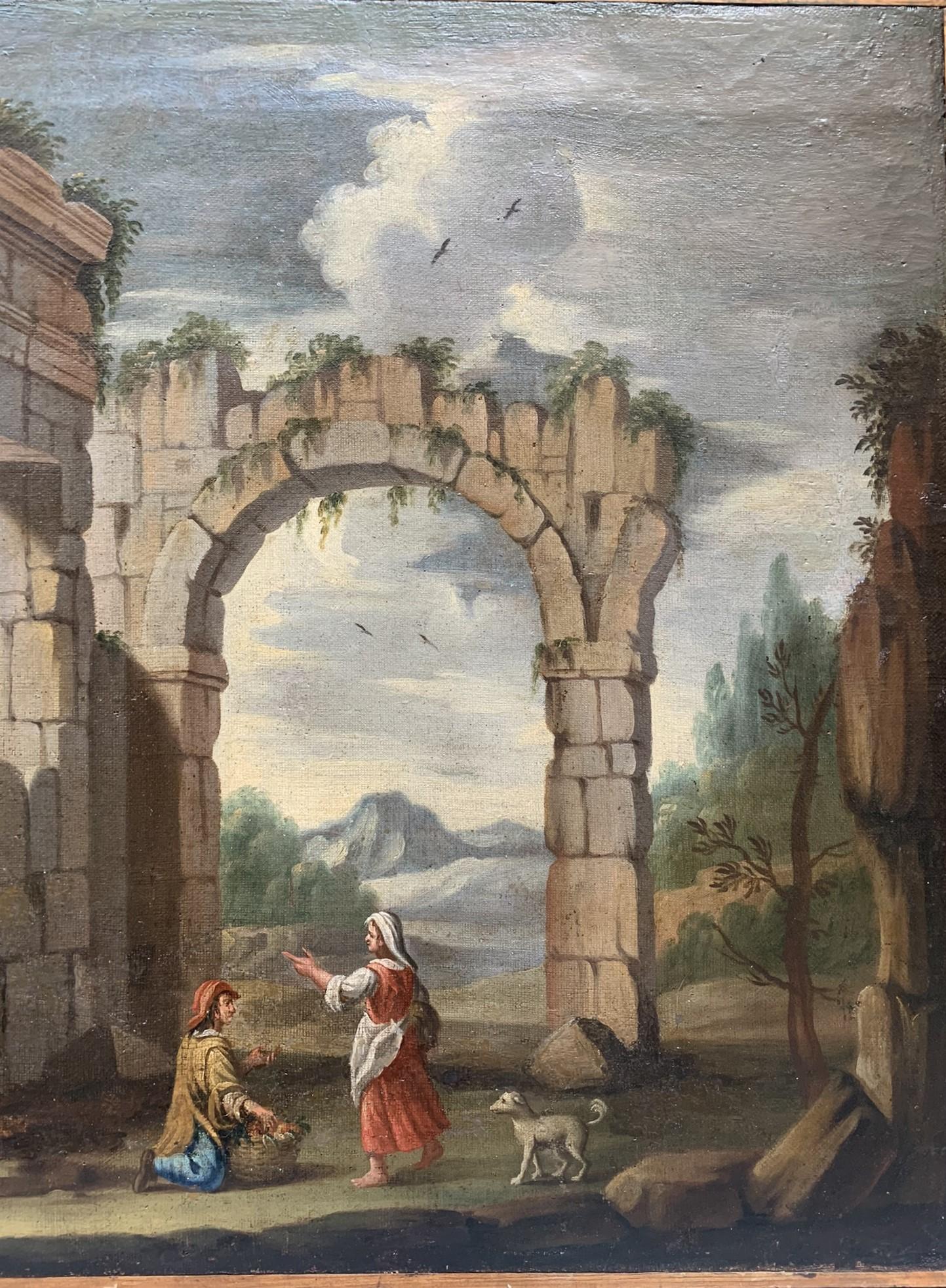 Architectural whimsy with Roman ruins, column and ancient arches.  - Italian School Painting by Unknown