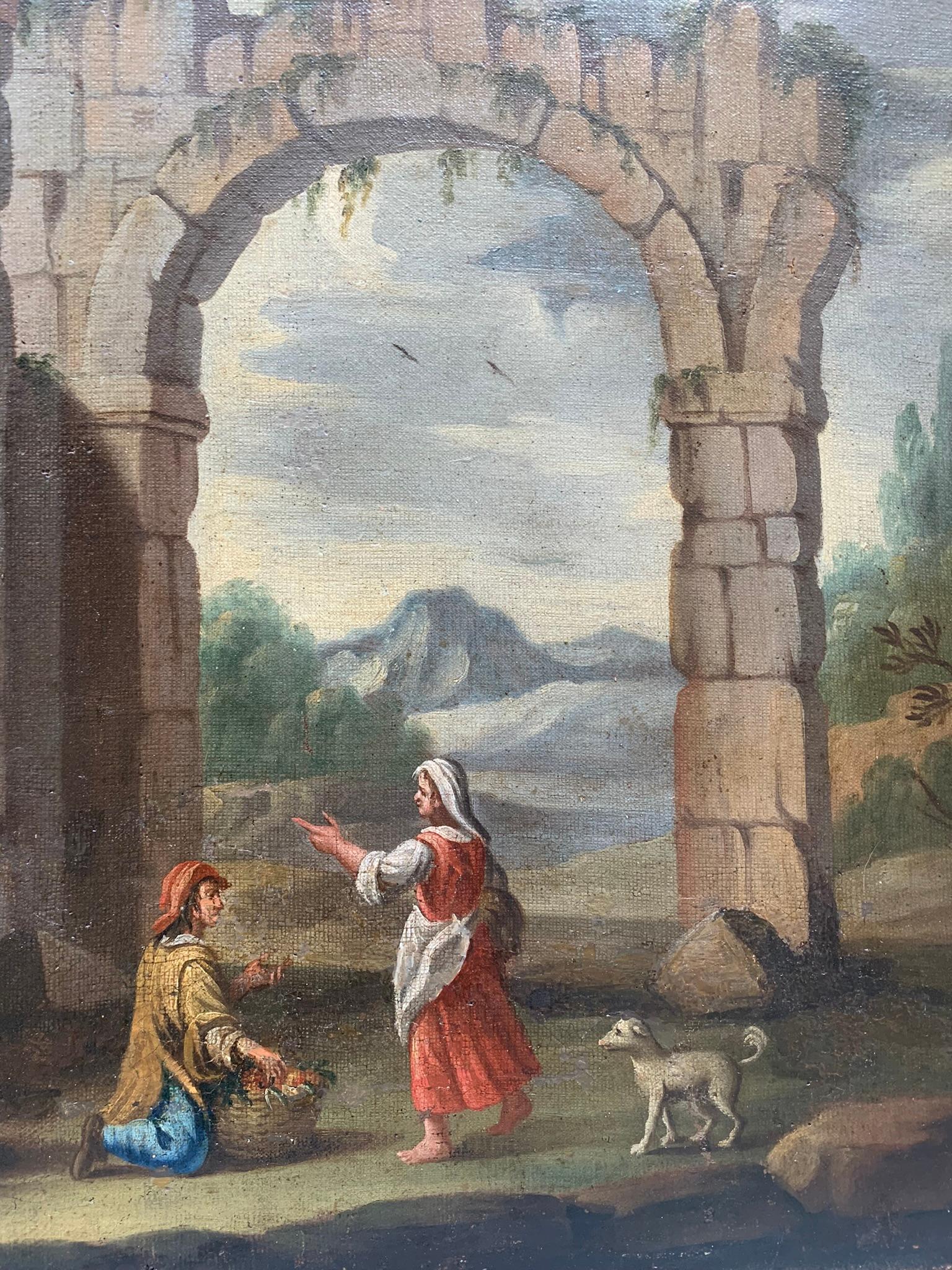 Architectural whimsy with Roman ruins, column and ancient arches. Year 1718.
Oil on Canvas. Original canvas.
Roman school of the early 18th century.

The painting is part of the series of 3 paintings of the same size and subject, which we offer for