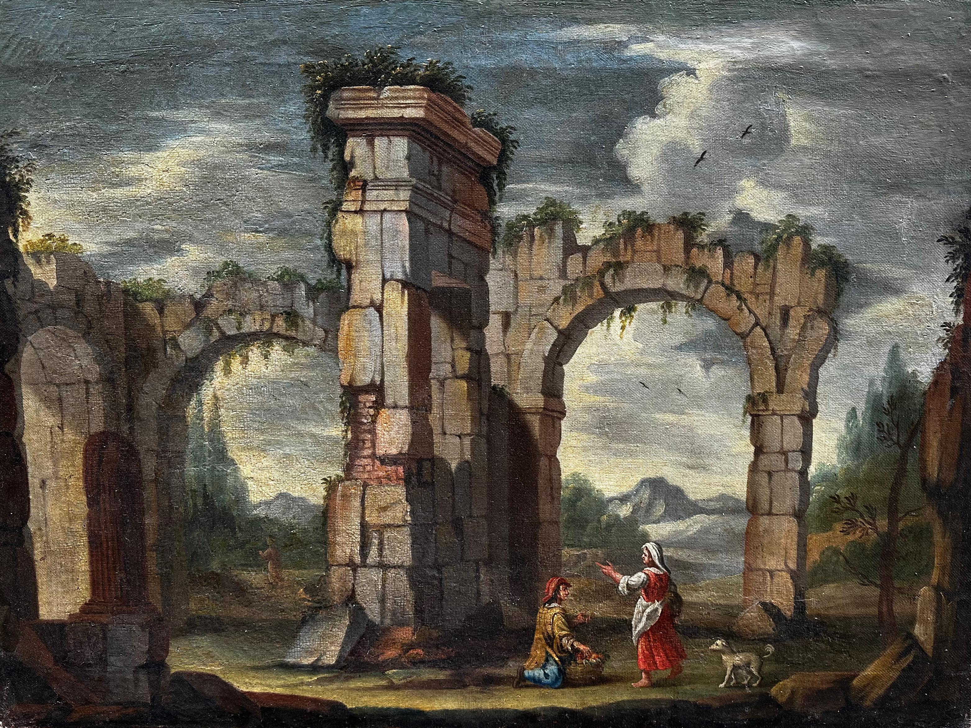 Unknown Landscape Painting - Architectural whimsy with Roman ruins, column and ancient arches. 