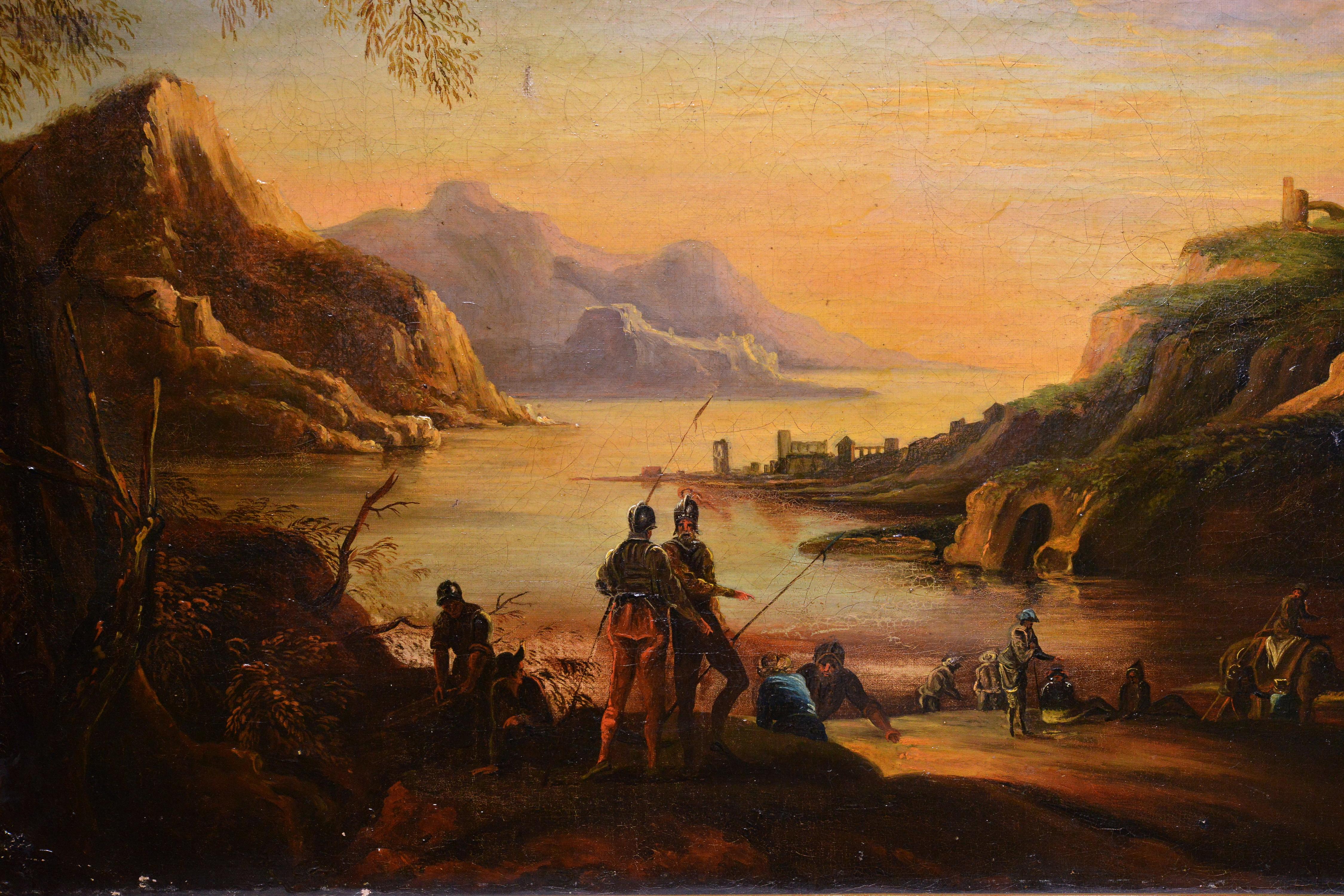 Capriccio Panoramic landscape Sea Bay at sunset 18th century Large oil painting - Painting by Unknown