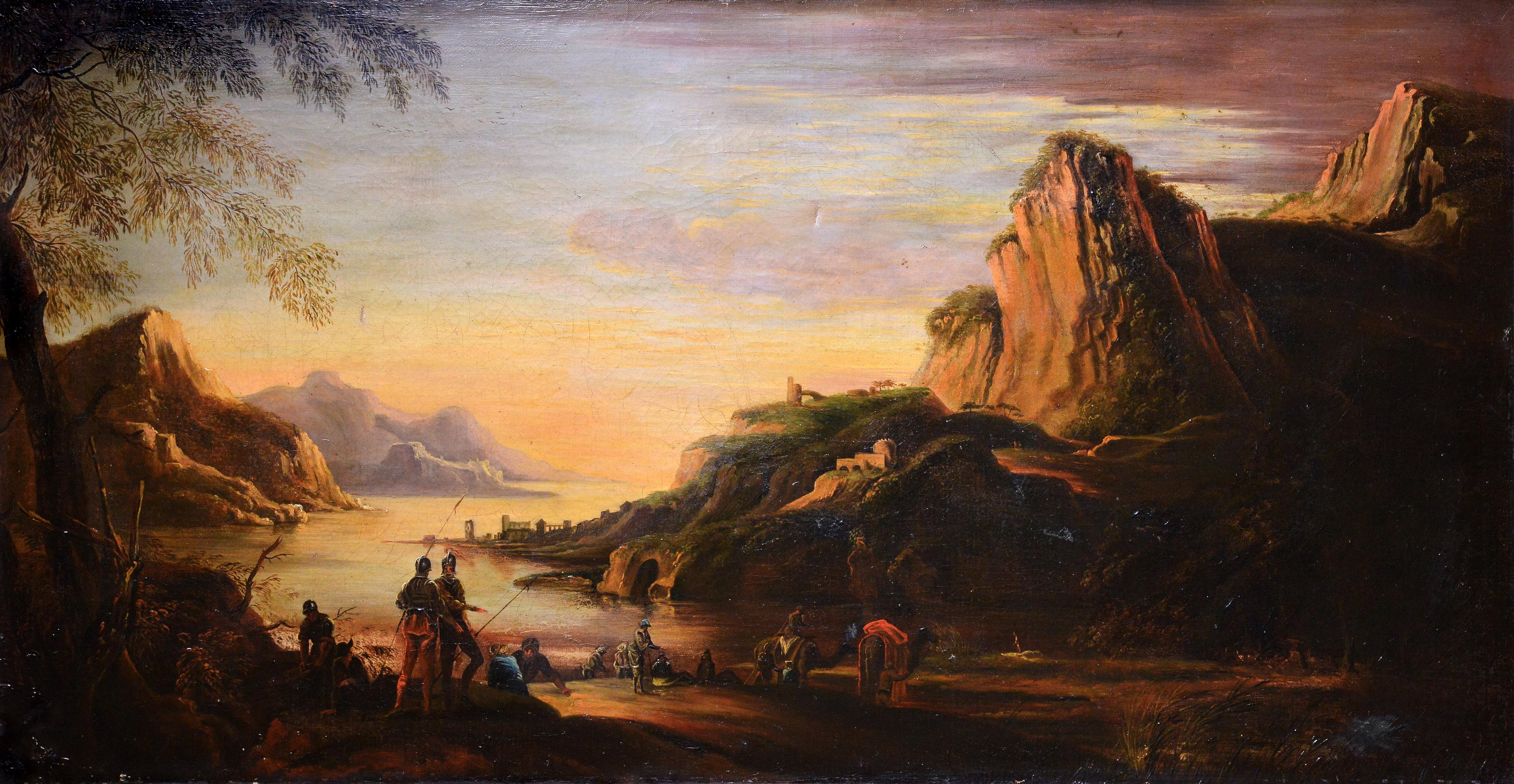 Unknown Landscape Painting - Capriccio Panoramic landscape Sea Bay at sunset 18th century Large oil painting