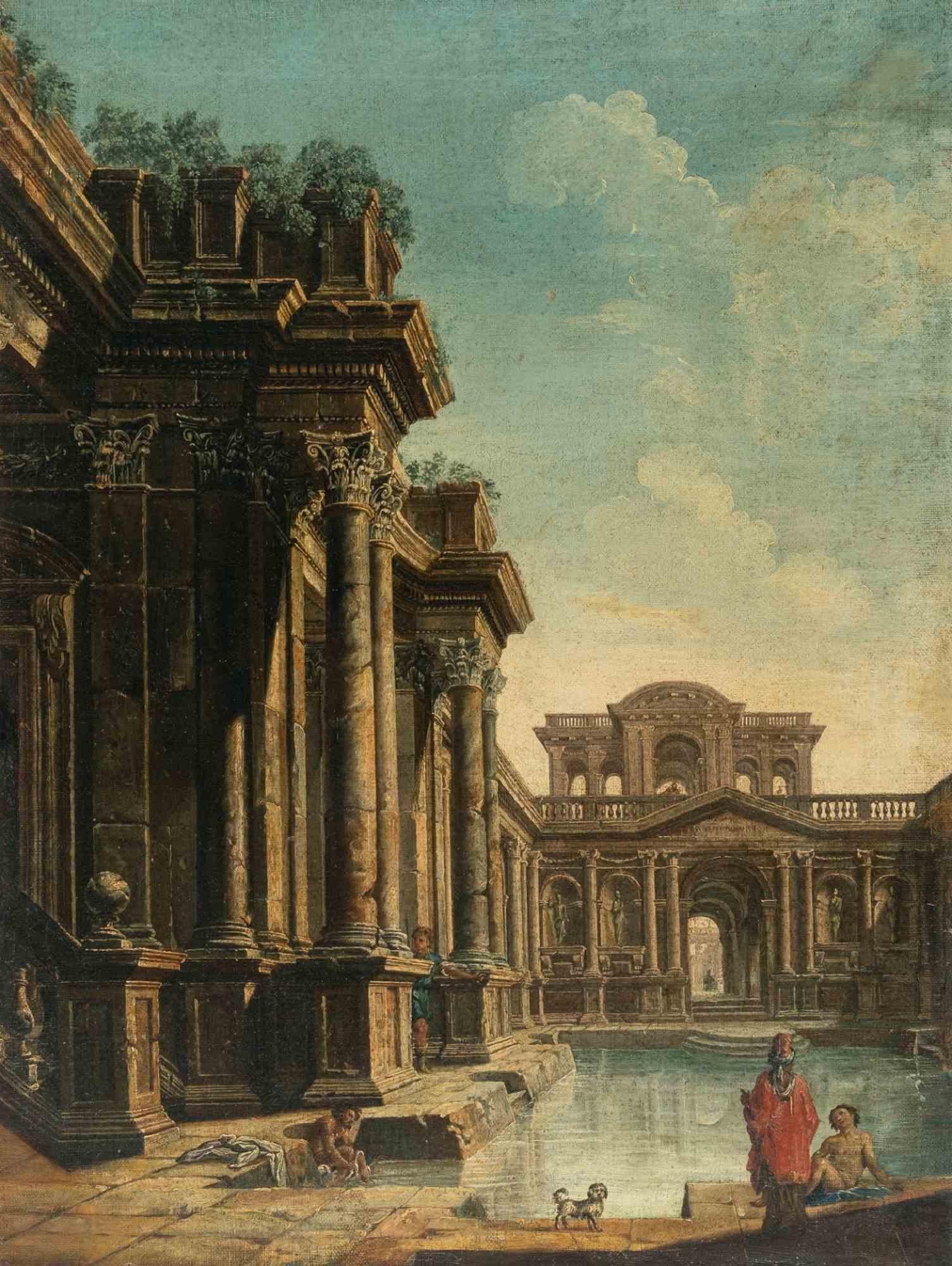 Unknown Landscape Painting - Capriccio with a Roman Baths - Original Painting - 18th Century