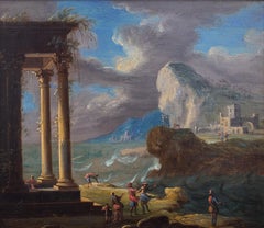 Capriccio with Figures at a Temple, Italian School 18th Century, Oil on Copper