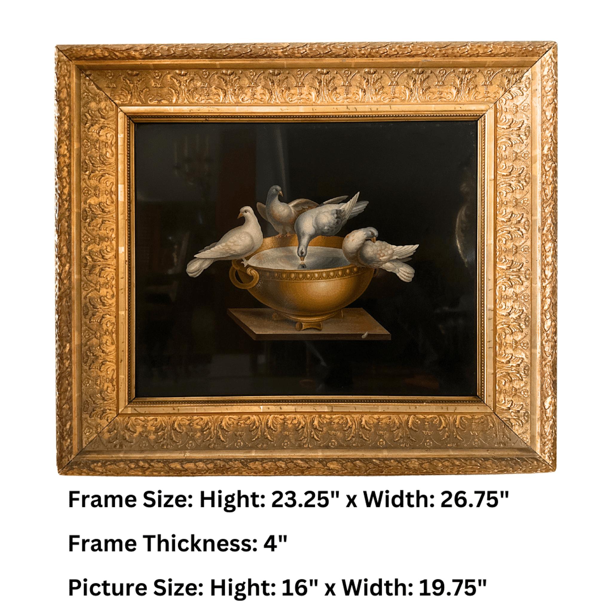 Frame Size: Height: 23.25″ x Width: 26.75″

Frame Thickness: 4″

Picture Size: Height : 16″ x Width: 19.75″

Immerse yourself in the enchanting beauty of nature with this exquisite Italian Antique Micro Mosaic Picture depicting pigeons in a serene