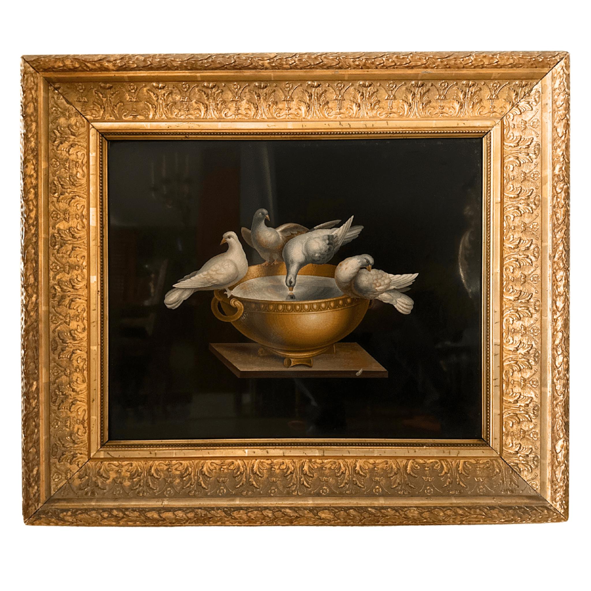 "Doves of Pliny"-  Micro Mosaic Picture Antique Frame - Painting by Unknown