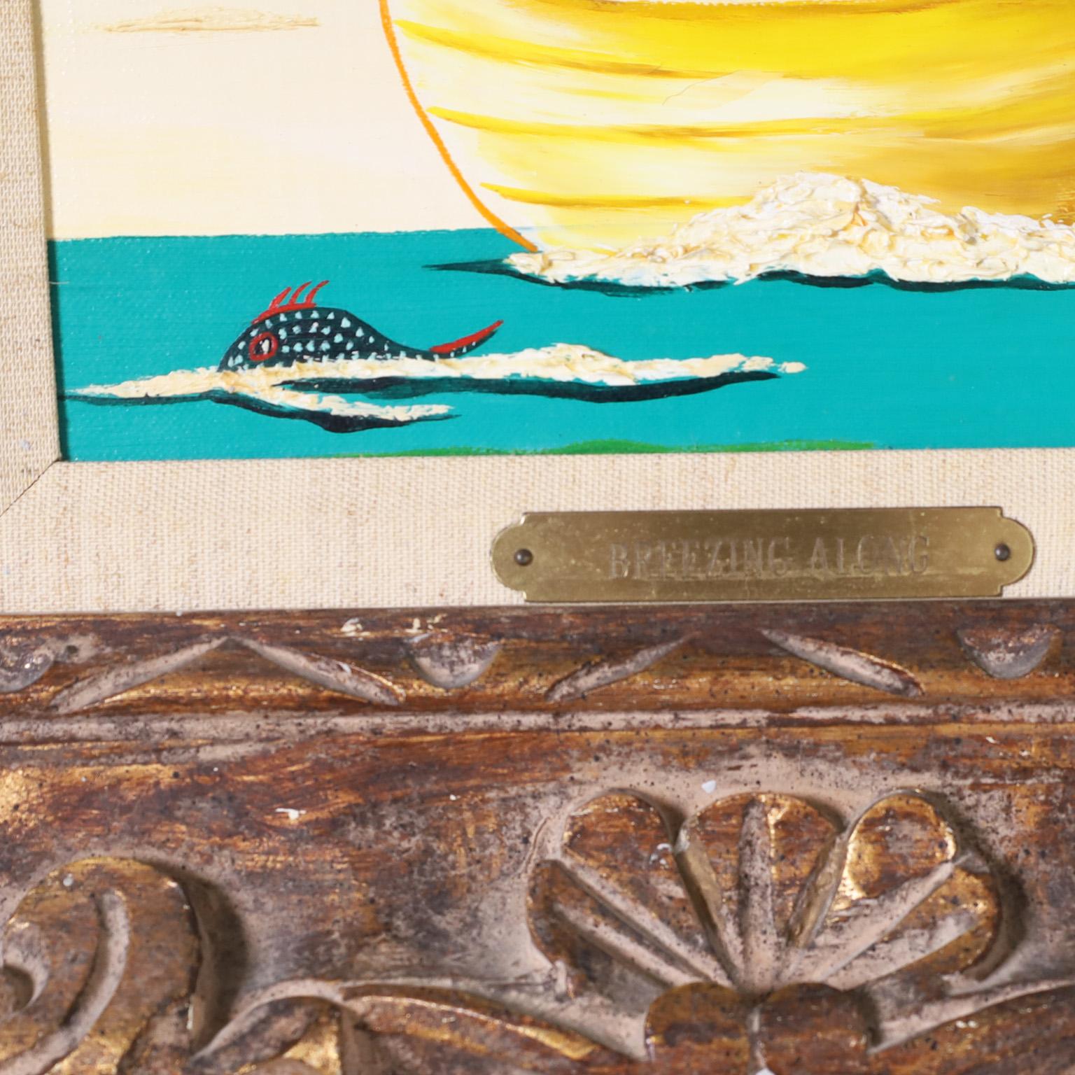 Peinture des Caraïbes représentant un bateau et des personnages dans le style d'Orville Bulman en vente 3