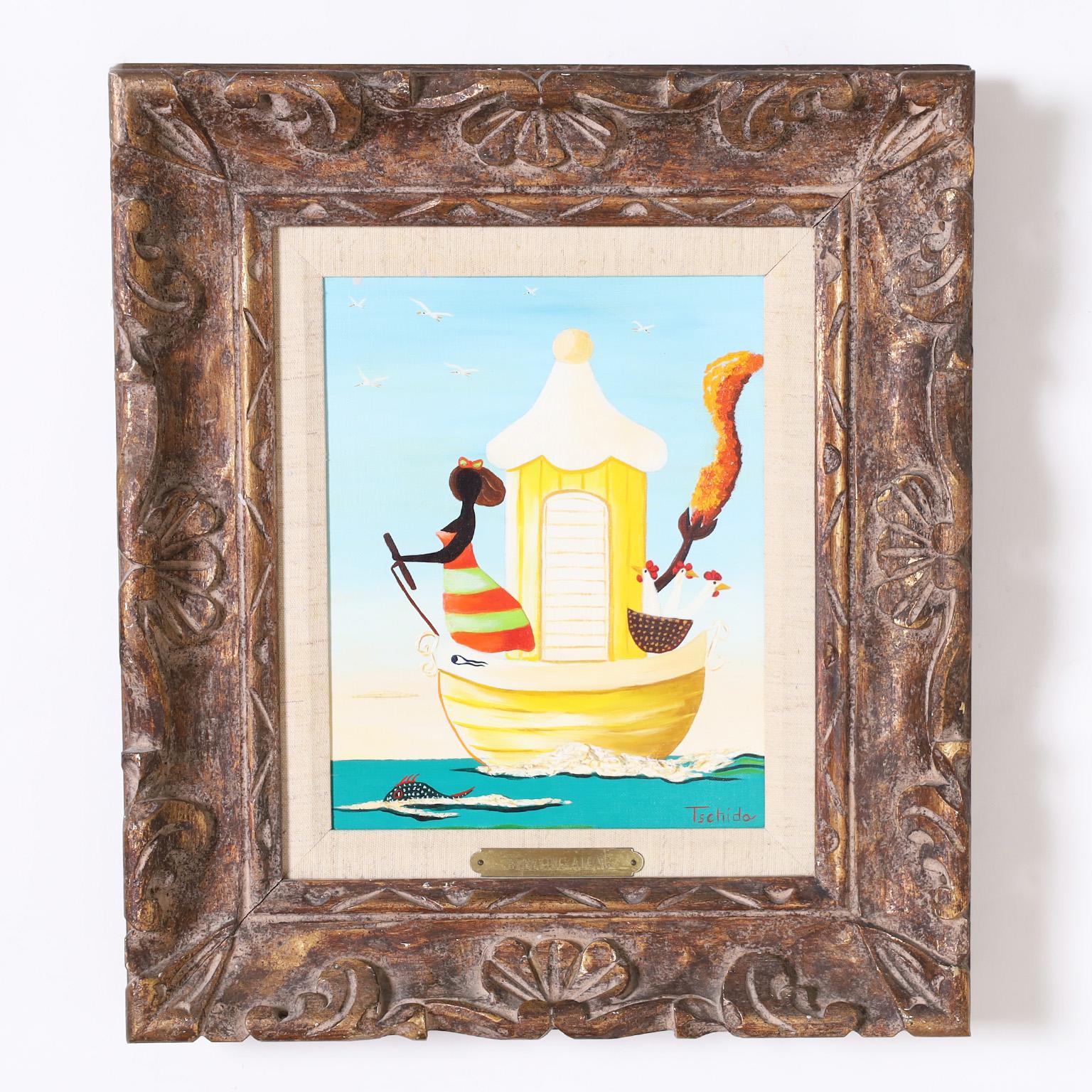 Figurative Painting Unknown - Peinture des Caraïbes représentant un bateau et des personnages dans le style d'Orville Bulman