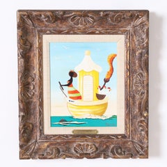 Caribbean Painting of a Boat with Figures in the Style of Orville Bulman