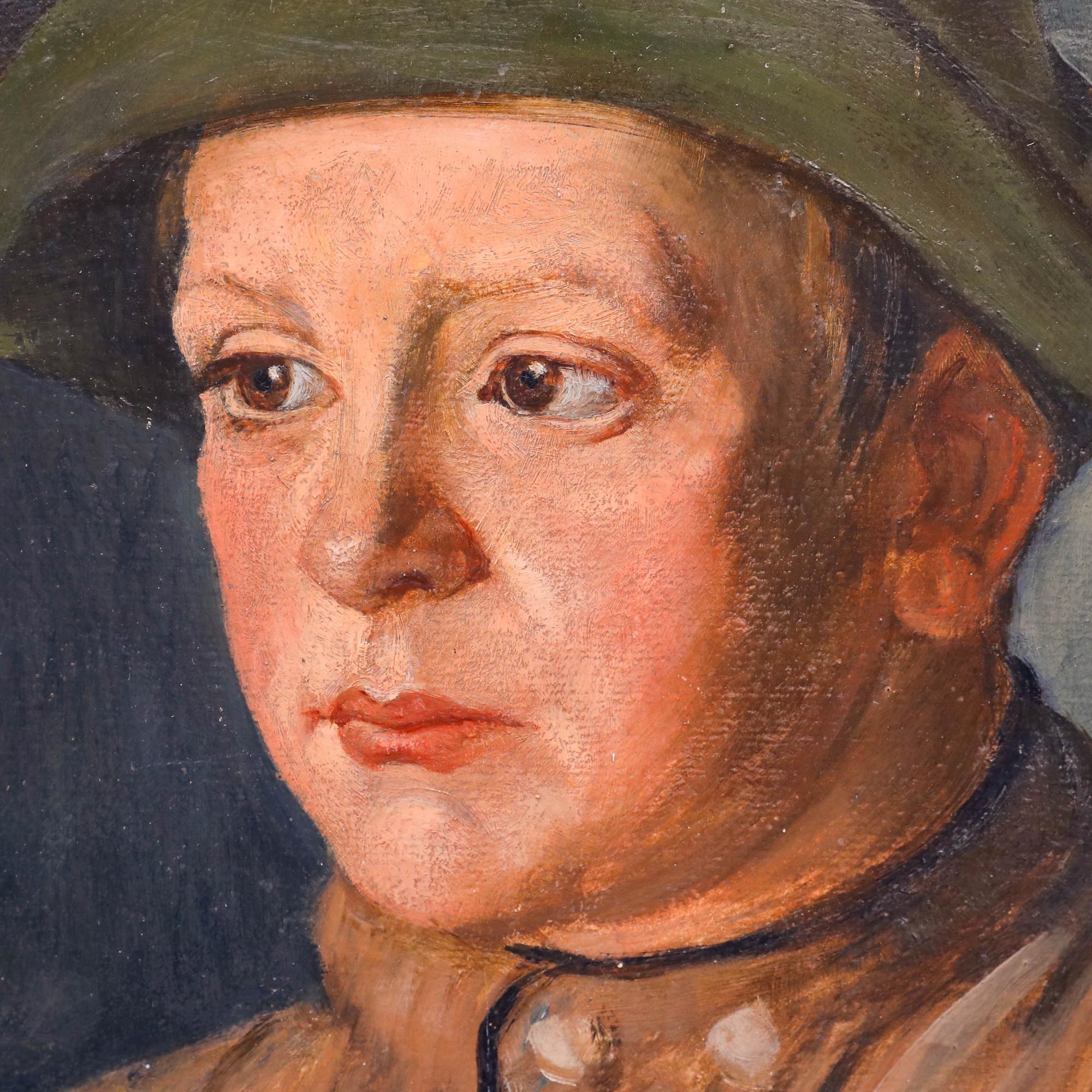A striking early 20th century study by the artist Carl Baum (1892-1966) depicting a young soldier. The artist has sensitively captured the subject's poignant expression, prompting the viewer to reflect upon the young man's experiences. Signed, dated
