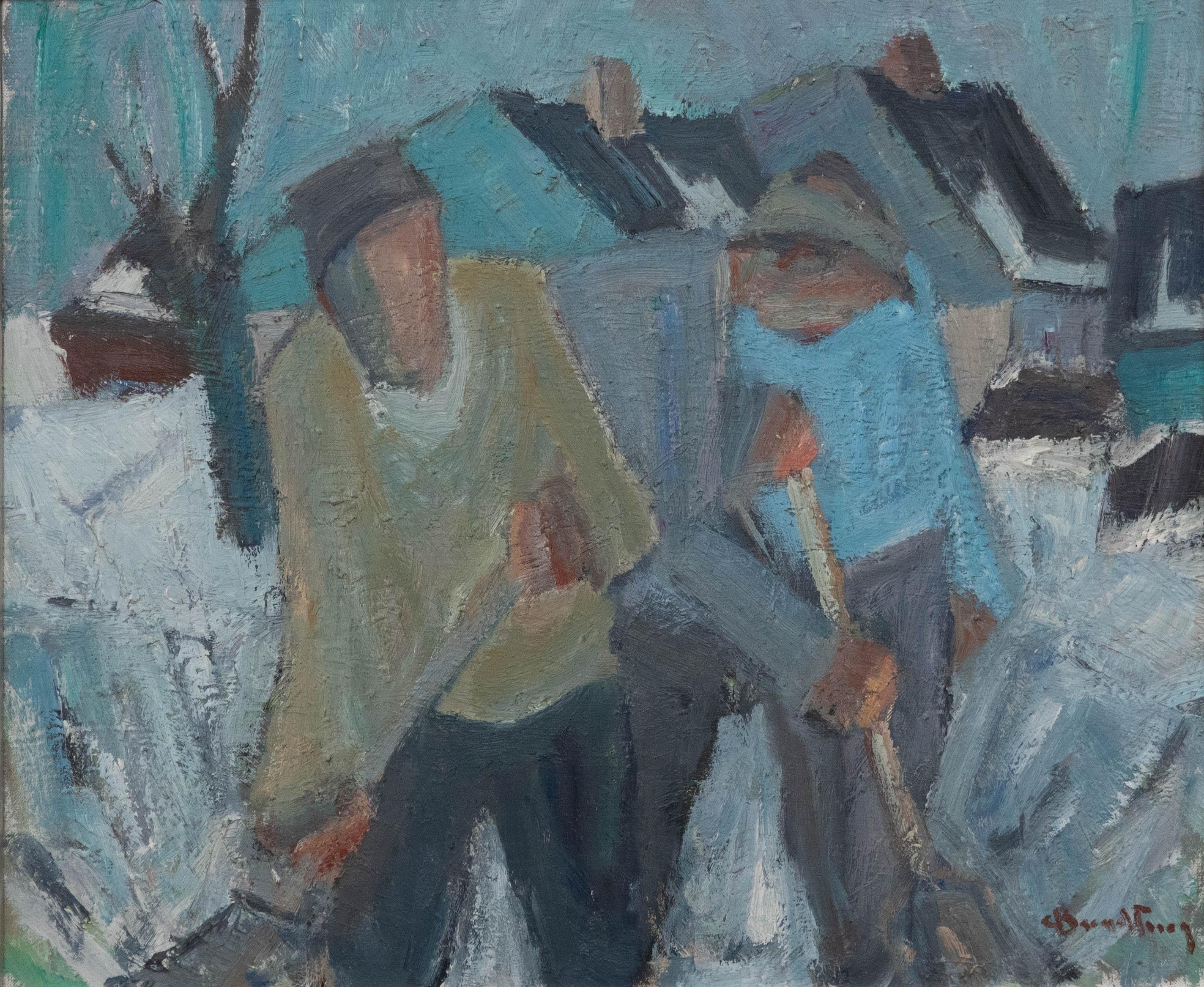 Carl Berndtsson - Swedish School Mid 20th Century Oil, Snow Shovellers - Painting by Unknown