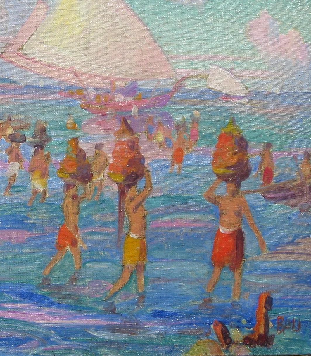 Splendido olio su tavola di Carl Brandien (1886-1965) raffigurante un nuotatore a Bali
Firmato in basso a sinistra e datato '30. Titolato in basso a destra 