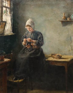 Carl Haver (1859-1920) - Framed 1910 Oil, Young Woman Knitting