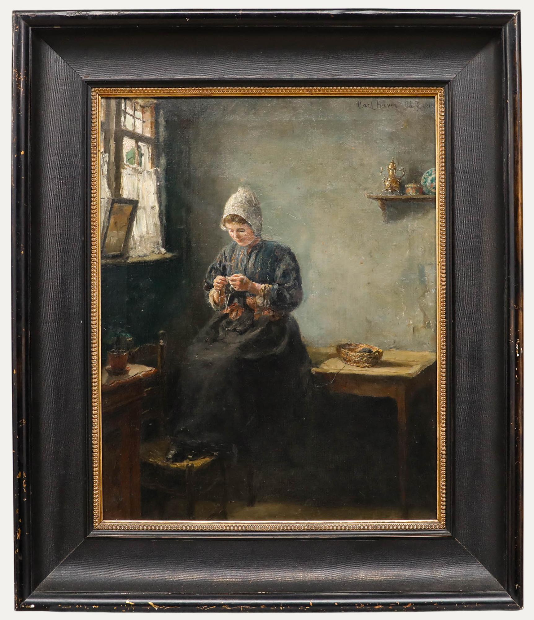 Carl Haver (1859-1920) - Huile encadrée de 1910, jeune femme au tricot