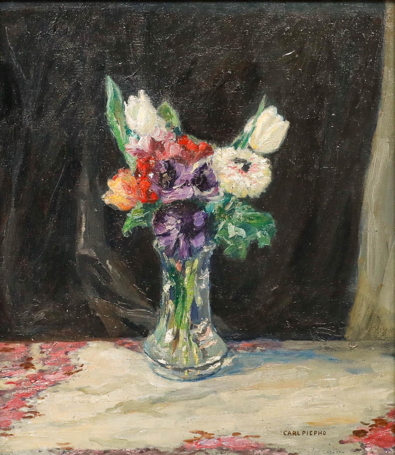 Carl Johann Nikolaus Piepho (1869-1920) - Framed Oil, Flowers in a Glass Vase - Painting by Unknown