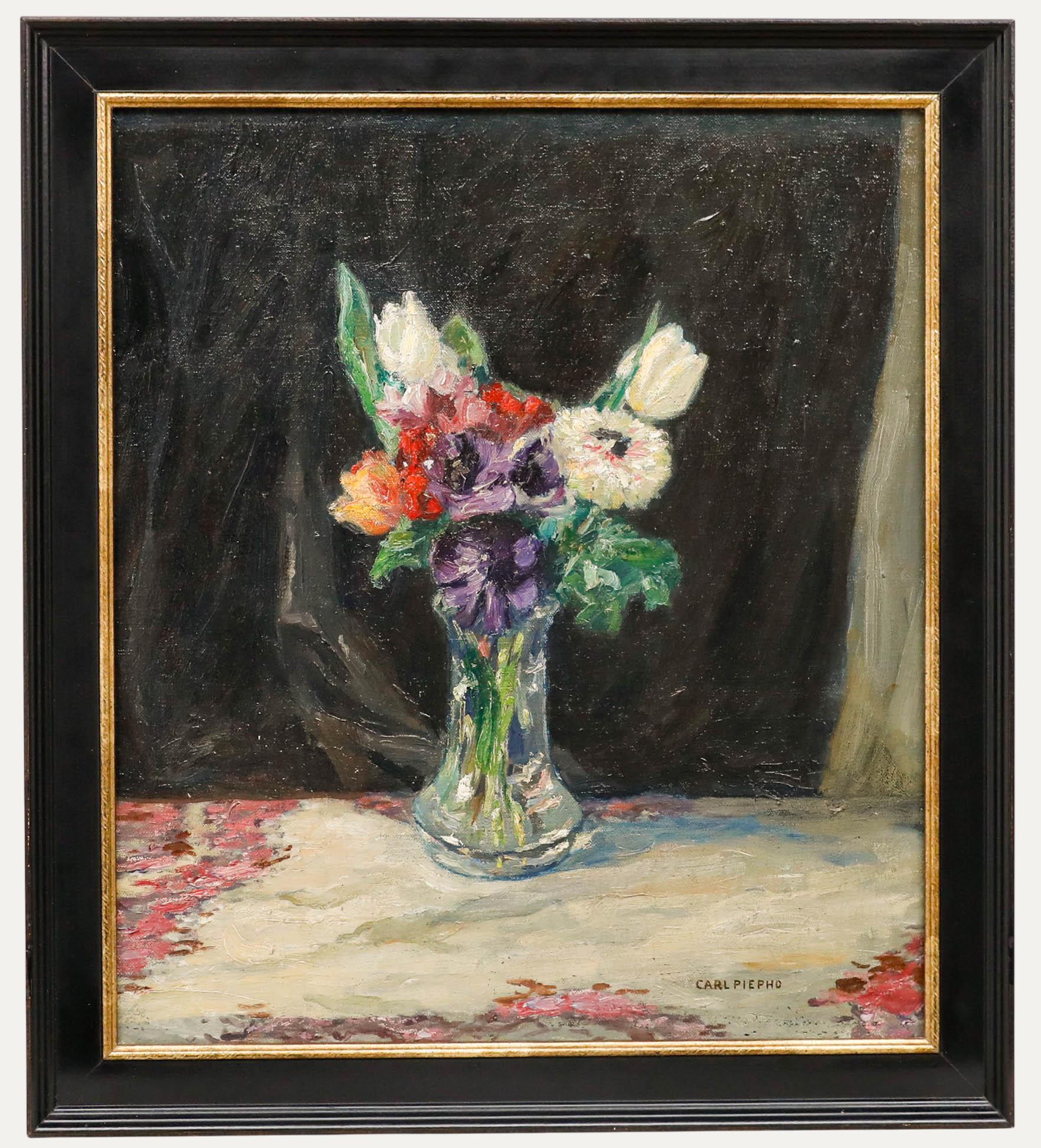 Unknown Still-Life Painting - Carl Johann Nikolaus Piepho (1869-1920) - Framed Oil, Flowers in a Glass Vase