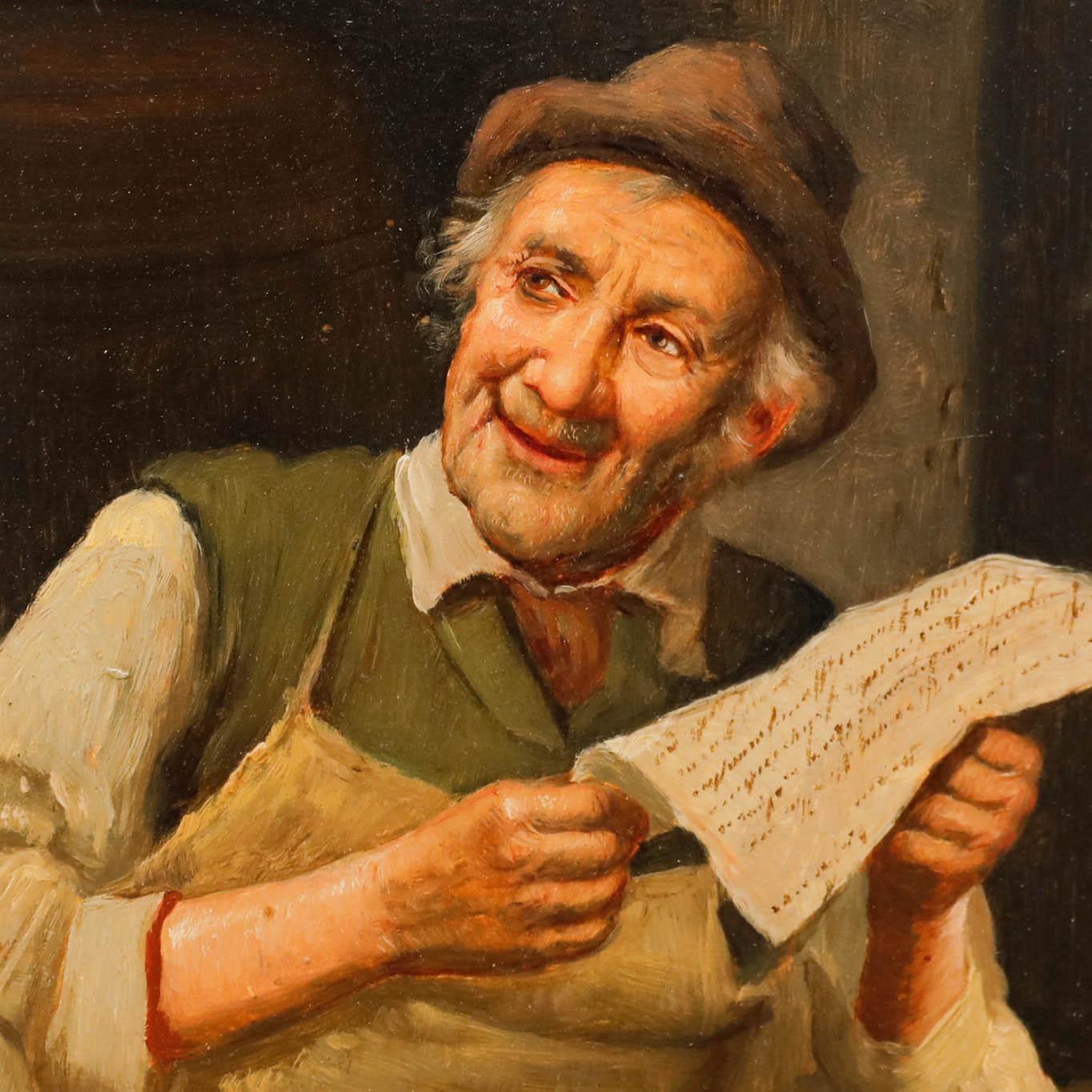 Ein charmantes Porträt eines lächelnden Herrn, der einen Brief hält. Signiert oben rechts. Präsentiert in einem vergoldeten Rahmen. An Bord.
