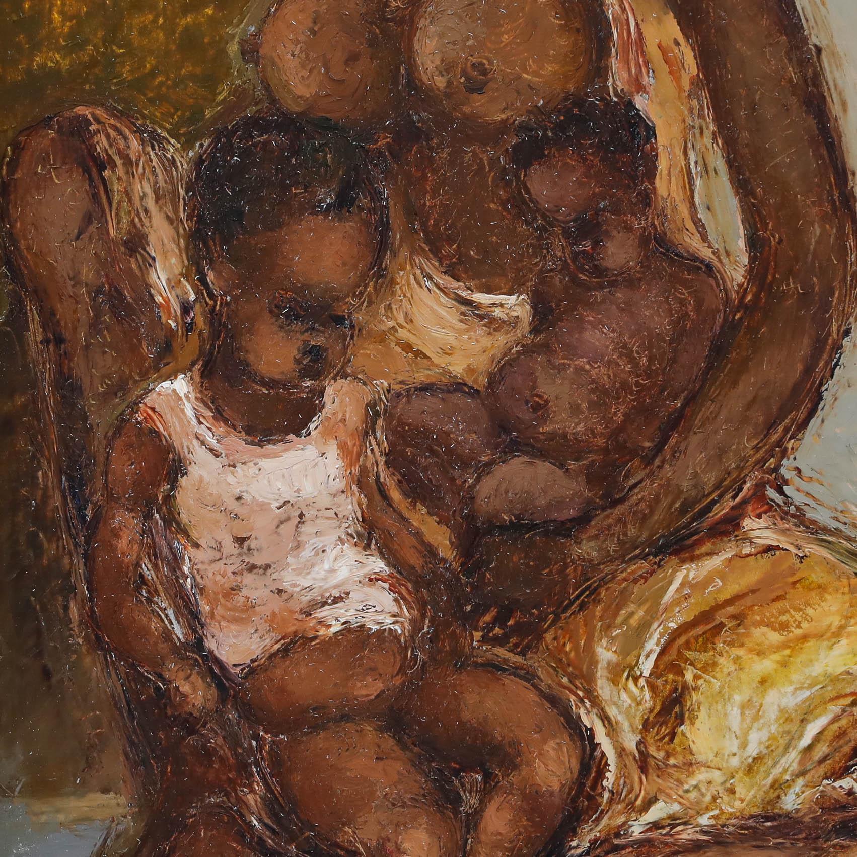 Questo dipinto intimo raffigura un momento di tenerezza tra una madre e i suoi figli, reso in calde tonalità di terra con pennellate sciolte ed espressive che sottolineano il legame emotivo tra le figure.

Firmato in alto a destra. Presentato in una