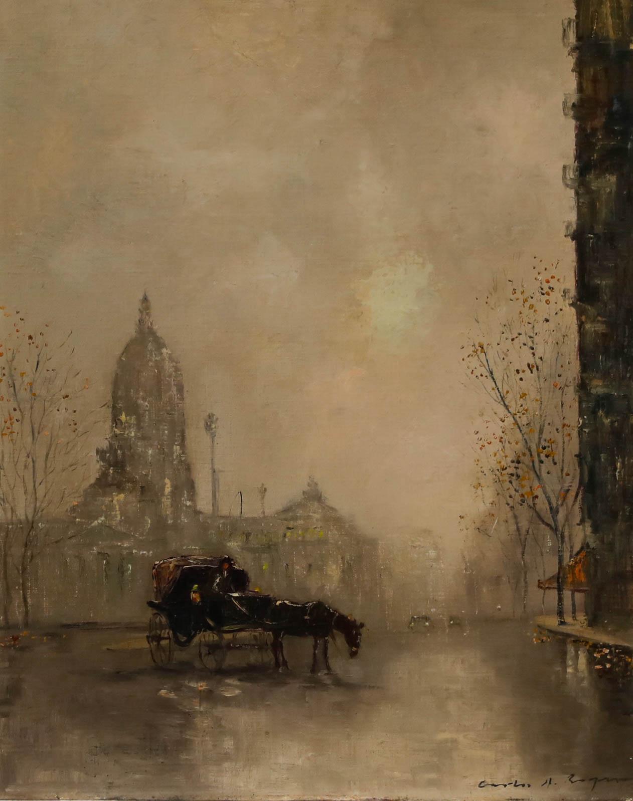Carlos A Bogna – Ölgemälde, Pferd und Kutsche von einer Kathedrale, Mitte des 20. Jahrhunderts – Painting von Unknown
