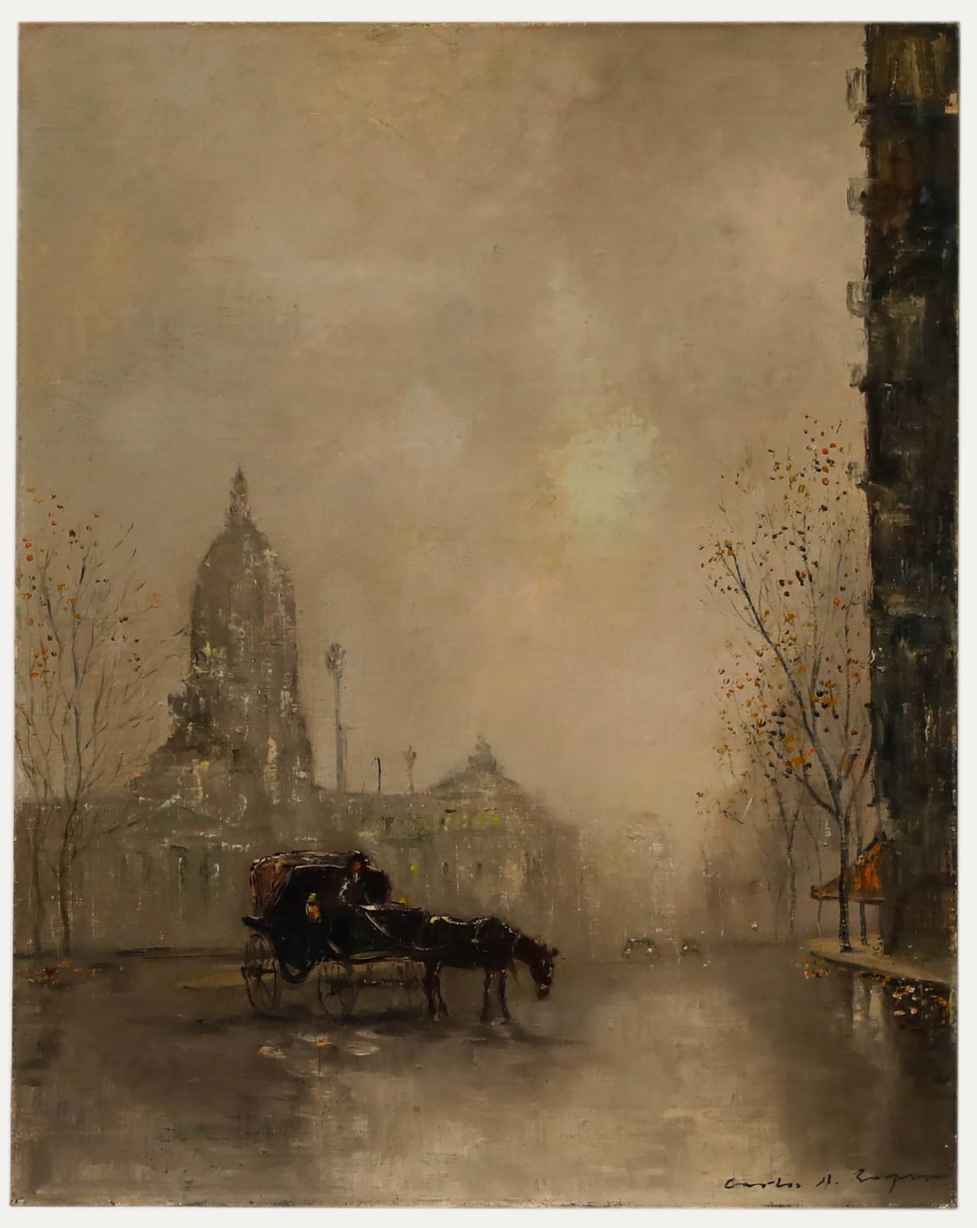 Unknown Landscape Painting – Carlos A Bogna – Ölgemälde, Pferd und Kutsche von einer Kathedrale, Mitte des 20. Jahrhunderts