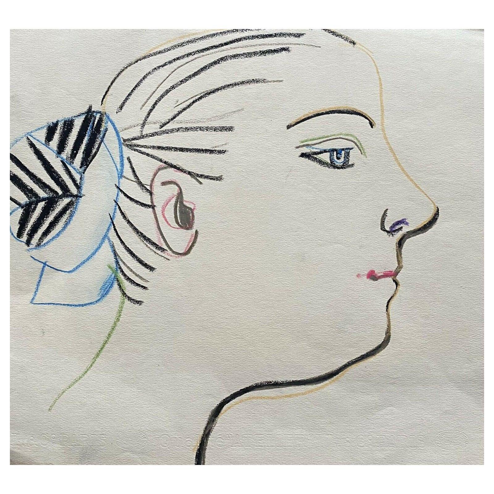 Portrait Painting Unknown - Carlos Carnero, portrait original de jeune femme à la tête des années 1950