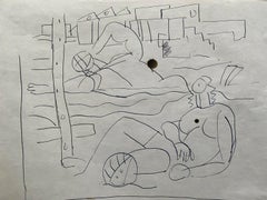 Carlos Carnero Original-Bleistift- und Tuschezeichnung, Figuren am Strand