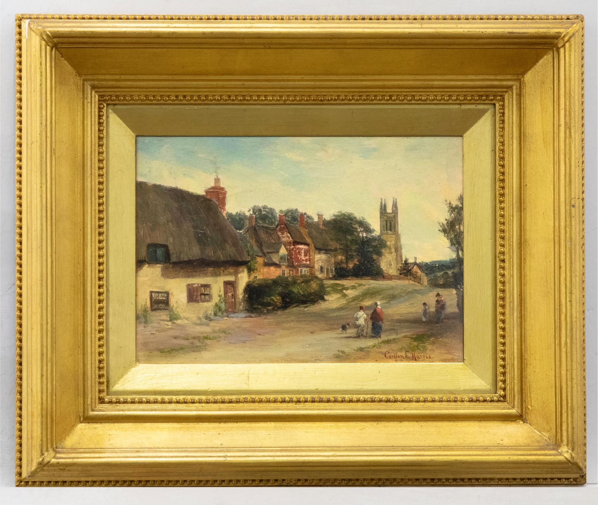 Unknown Landscape Painting - Carlton E. Harris - Late 19th Century Oil, View of the Village II
