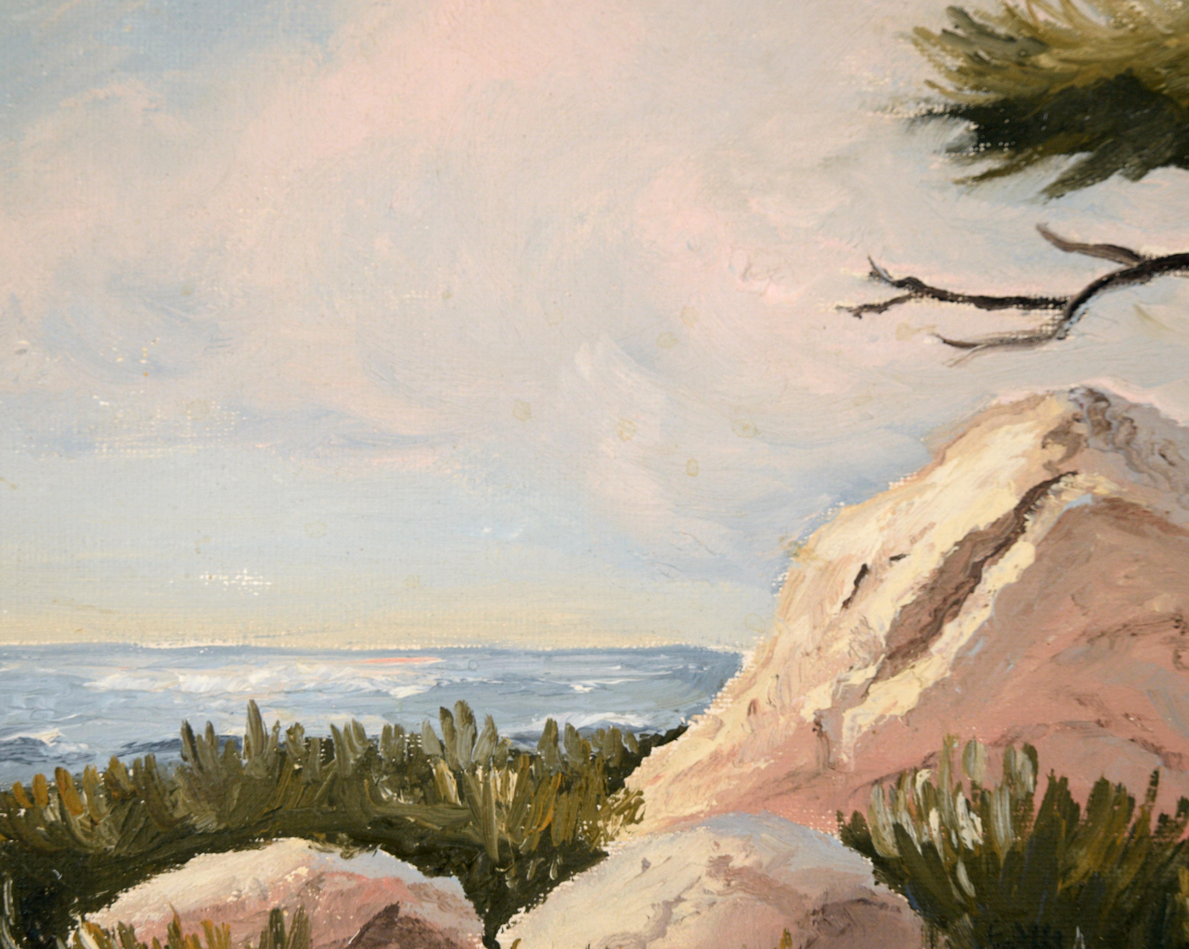 Paisaje de la playa de Carmel - Óleo sobre tabla de artista - Landscape Painting Marrón de Unknown